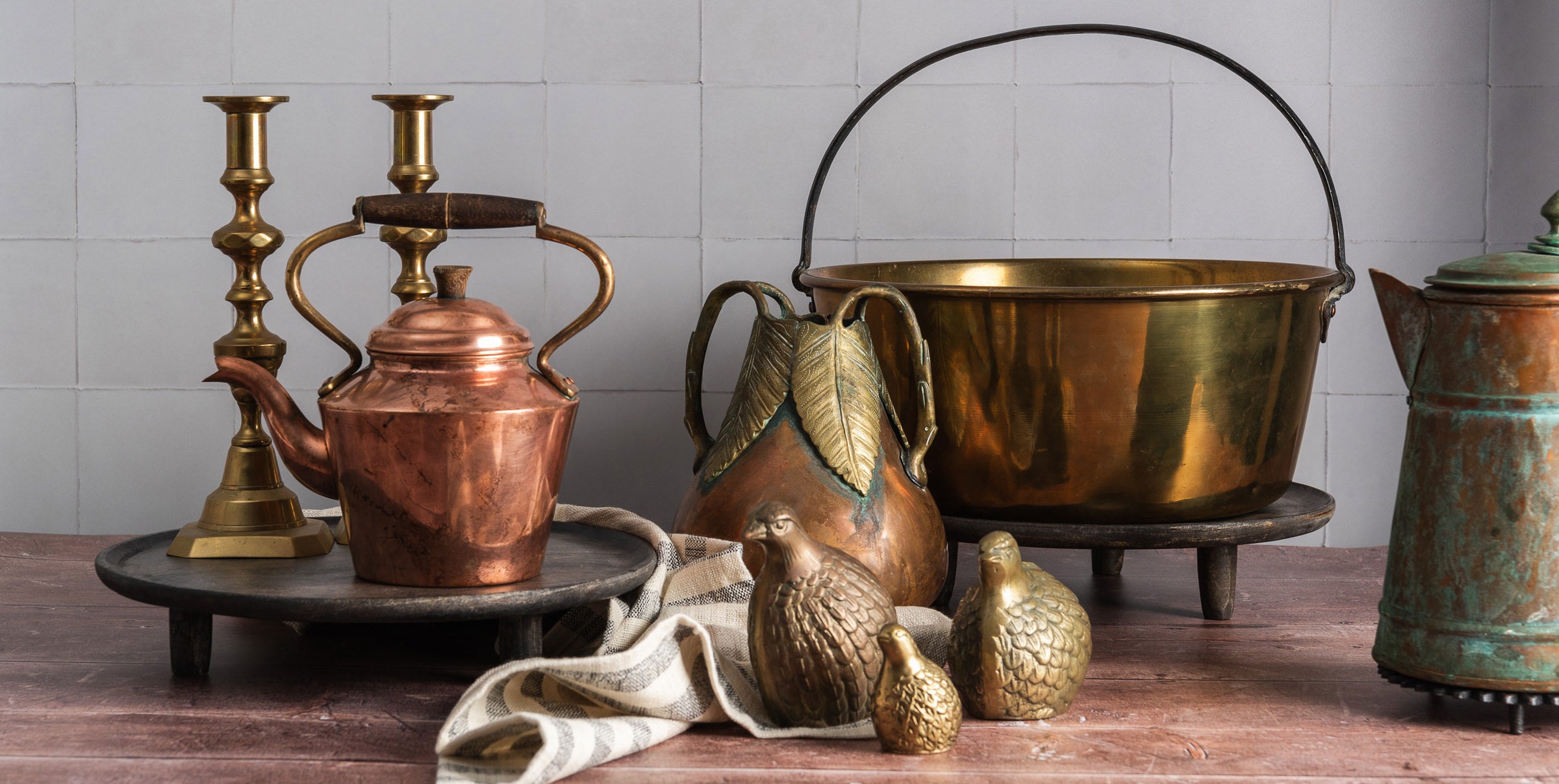 Rare Vintage Copper Teapot deals with Blue Enamel inside