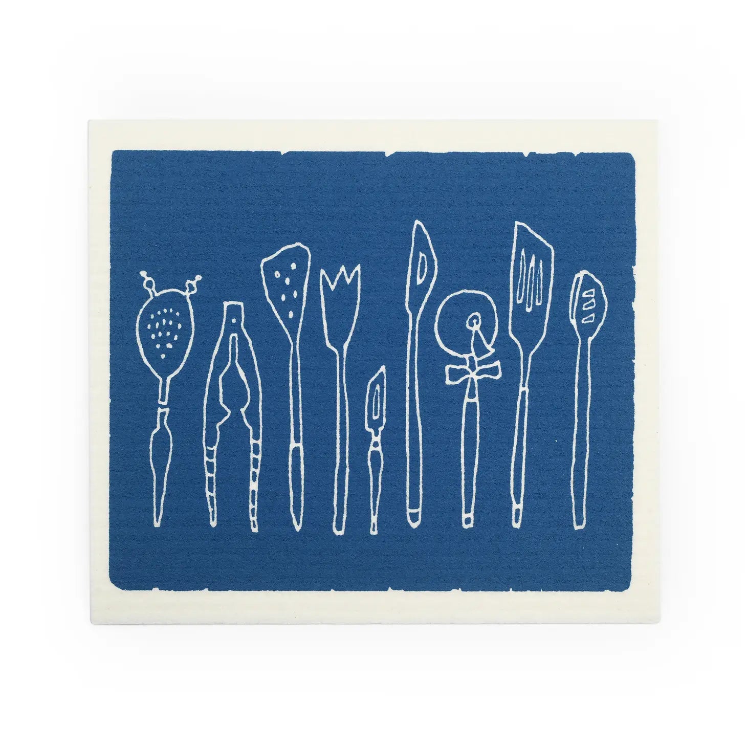 Swedish cloth sponge with kitchen utensils in a row and blue background