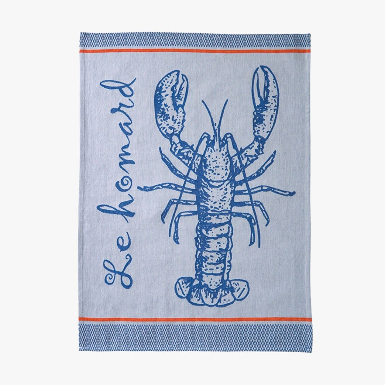 Blue and red printed French Jacquard Tea Towel with lobster on a white background