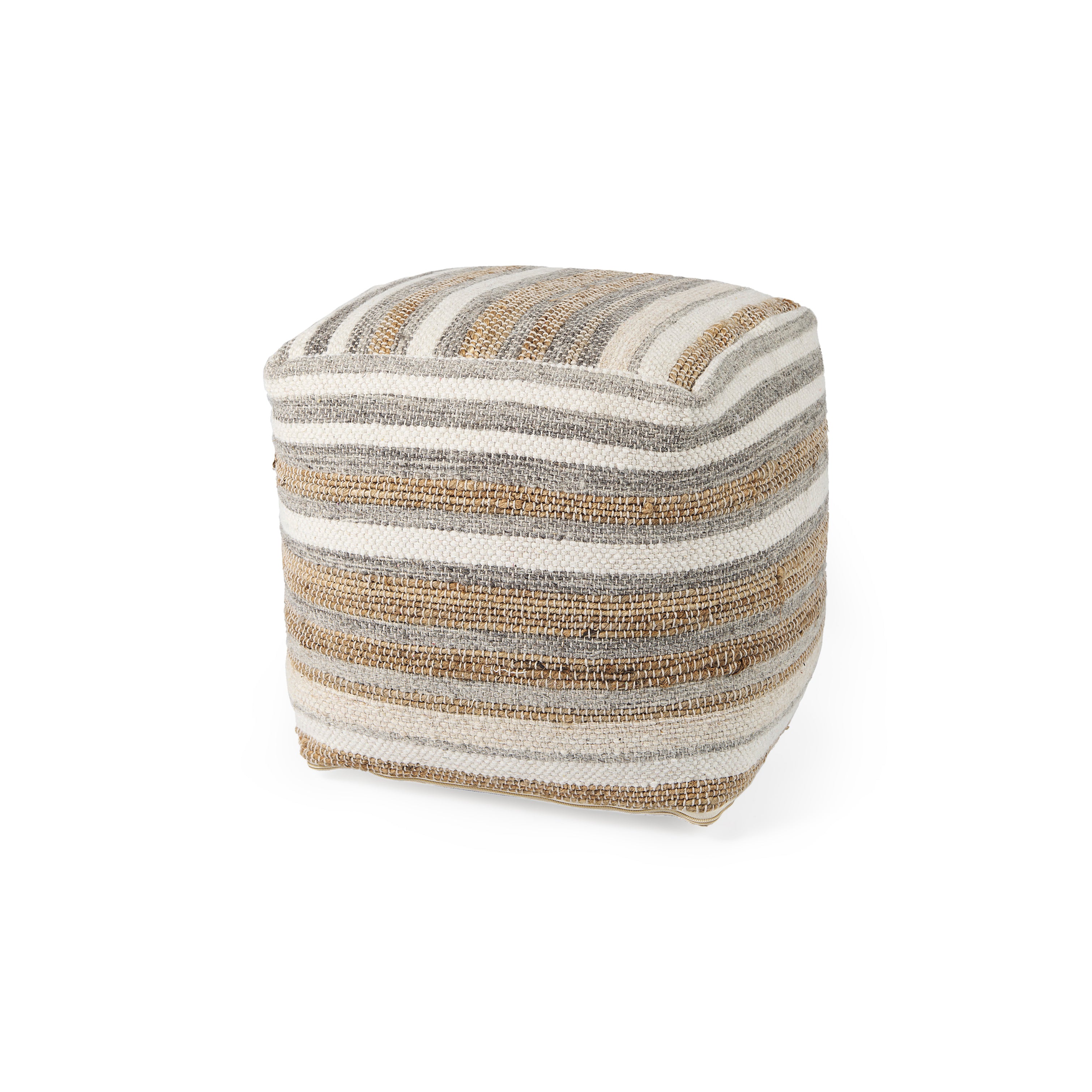 Aahana White/Taupe/Gray Striped Hemp and Cotton Pouf on a white background