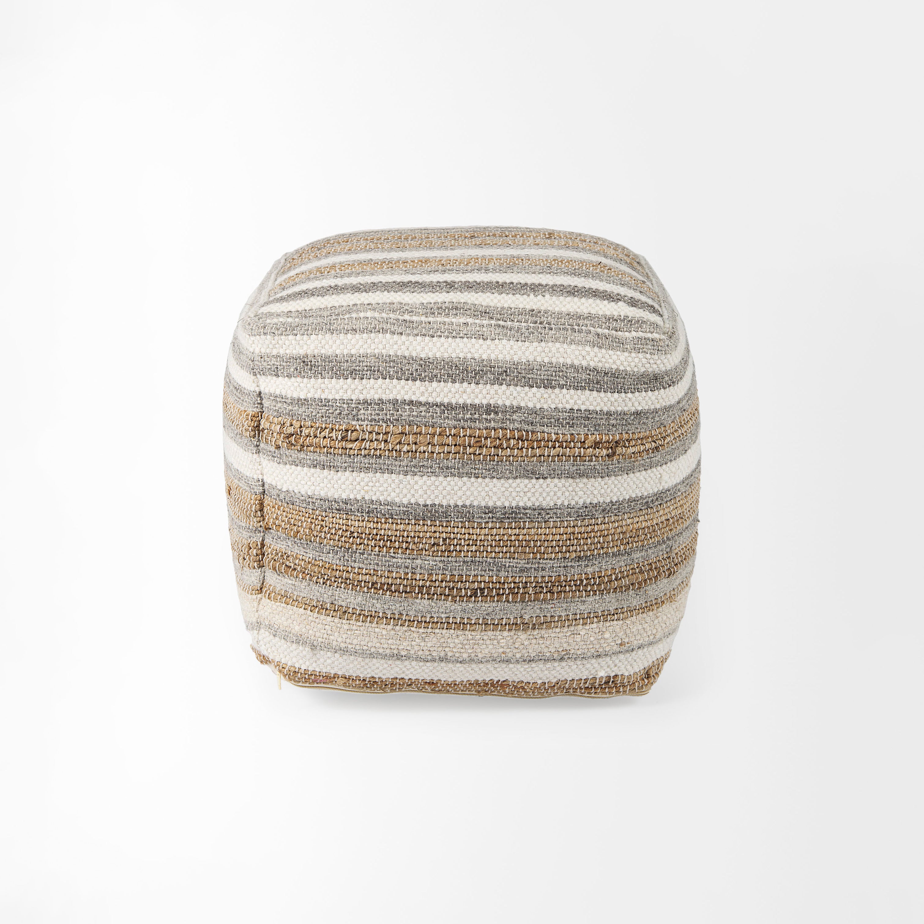 Aahana White/Taupe/Gray Striped Hemp and Cotton Pouf on a white background