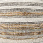 Close up of Aahana White/Taupe/Gray Striped Hemp and Cotton Pouf on a white background