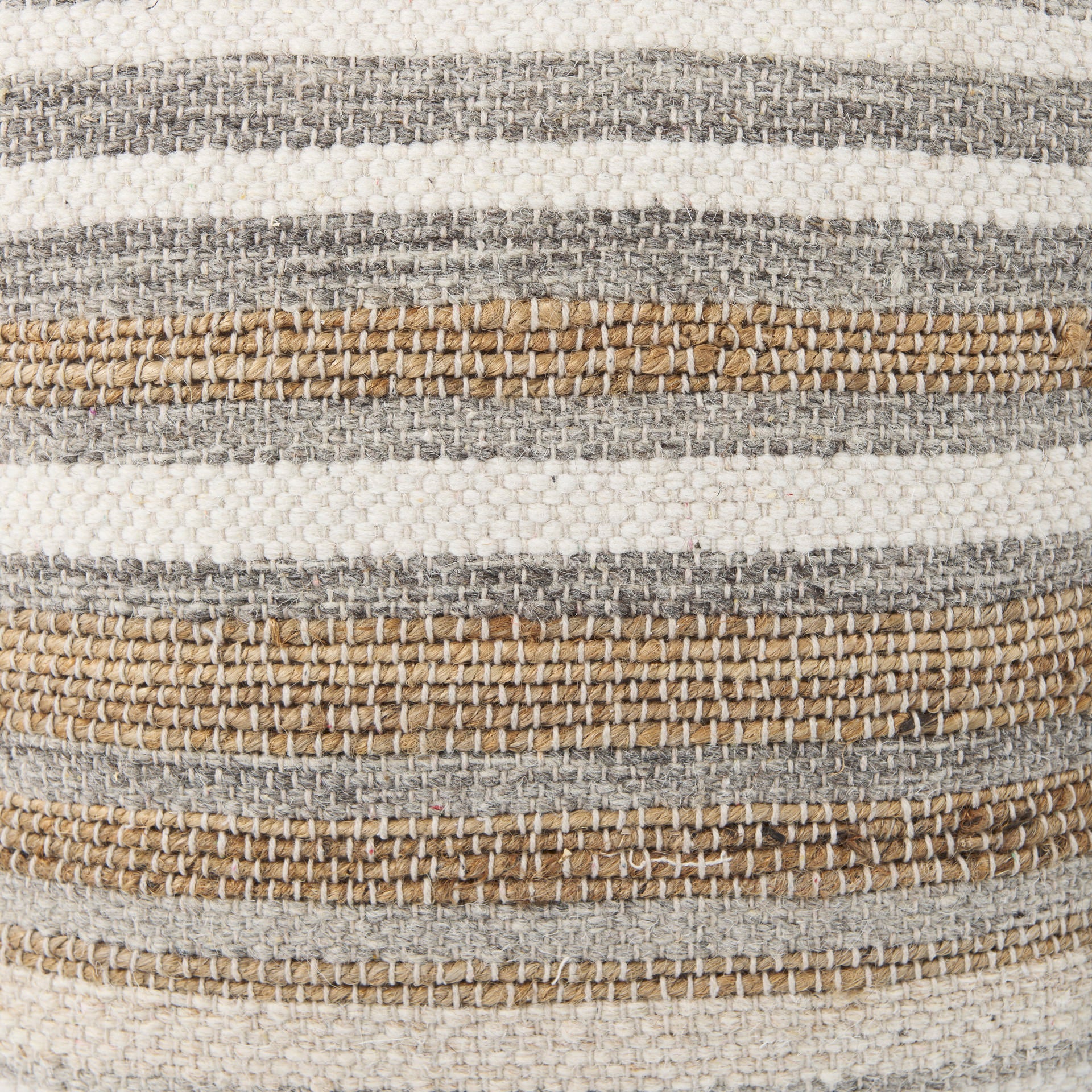 Close up of Aahana White/Taupe/Gray Striped Hemp and Cotton Pouf on a white background