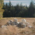 Collection of poufs in a field of dry grass including Aahana White/Taupe/Gray Striped Hemp and Cotton Pouf 