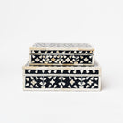 Set of two dark indigo resin boxes with floral inlay white bone