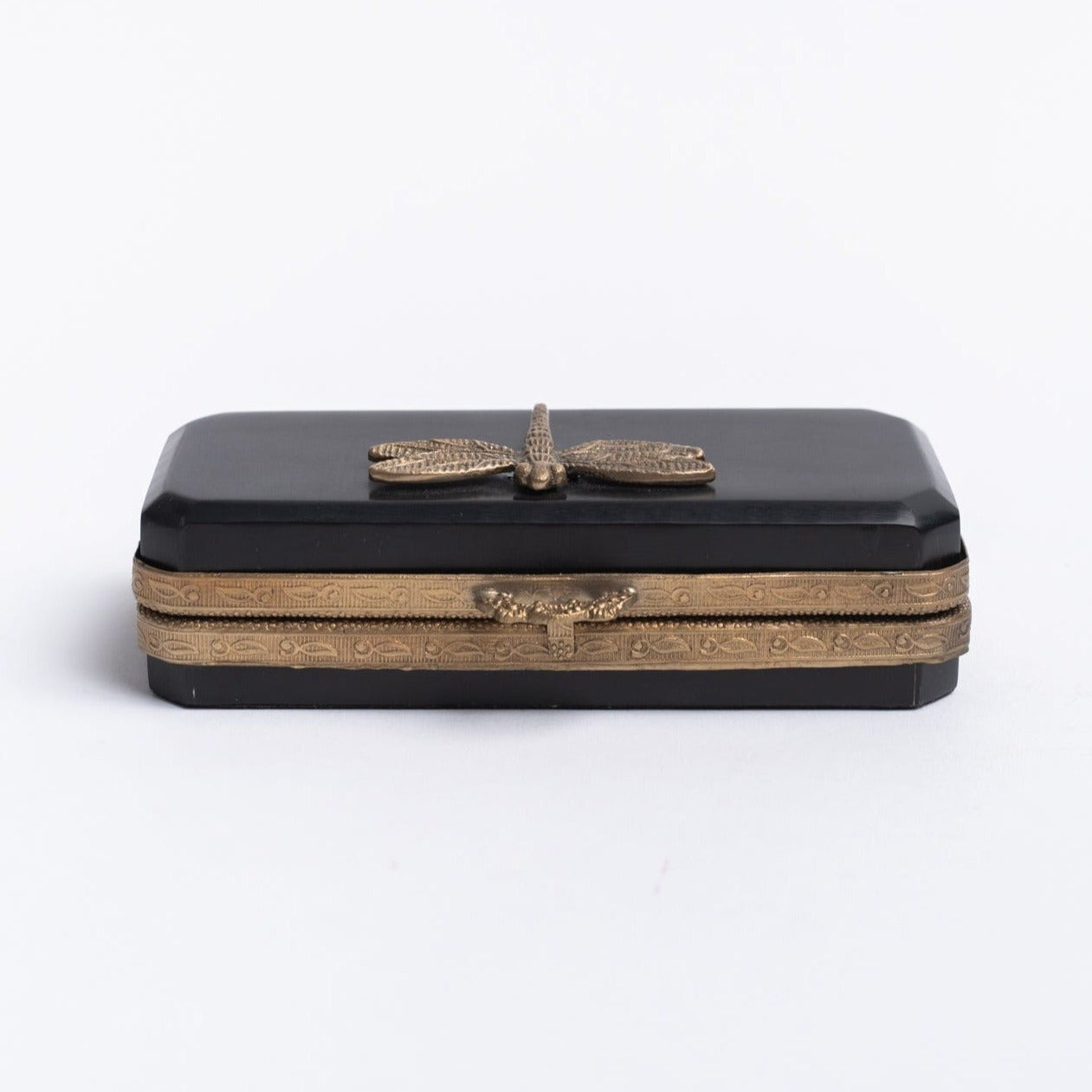 Small black dragonfly box with brass accents on a white background