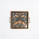 Square tray with handles and gold border with William Morris Stawberry wallpaper design on a white background