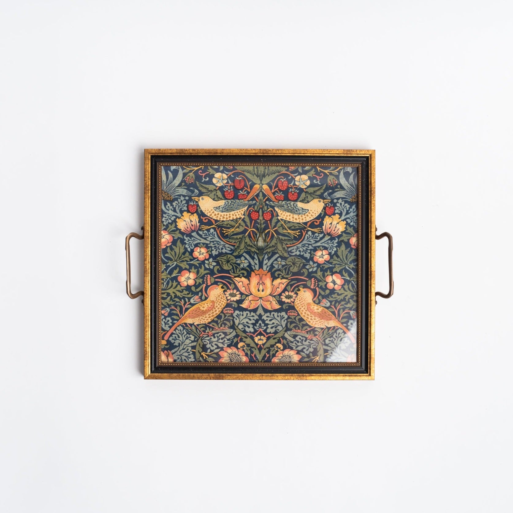 Square tray with handles and gold border with William Morris Stawberry wallpaper design on a white background