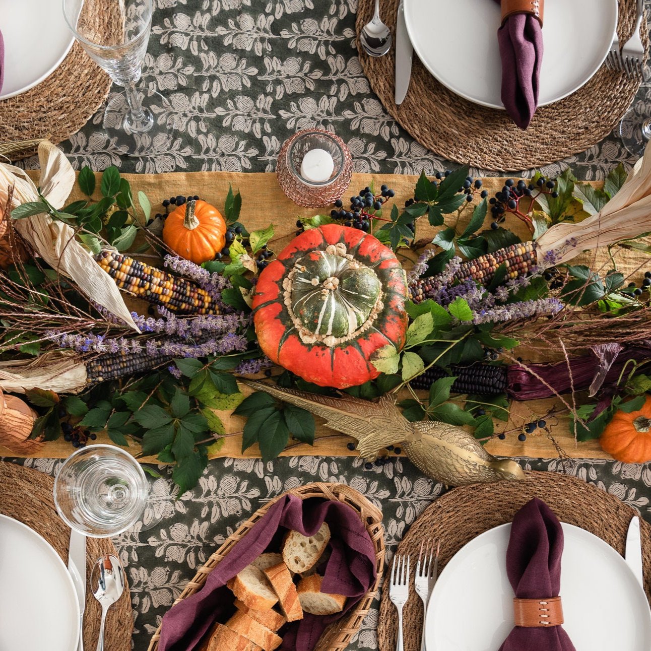 Longest Loveliest Linen Runner - Mustard on a festive fall table