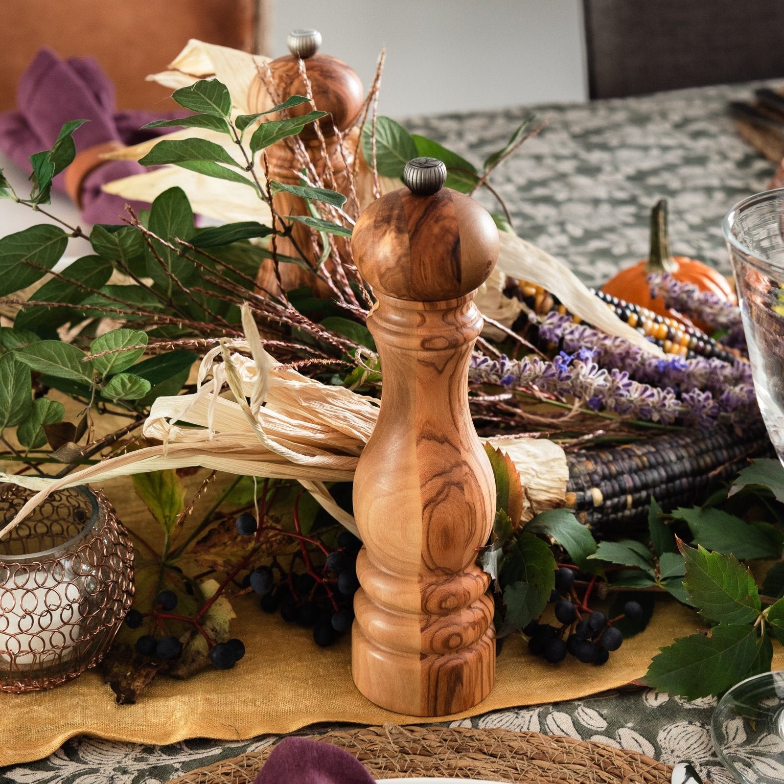 Peugeot Paris Olivewood Salt & Pepper Mills - 9 Inch on a festive fall table