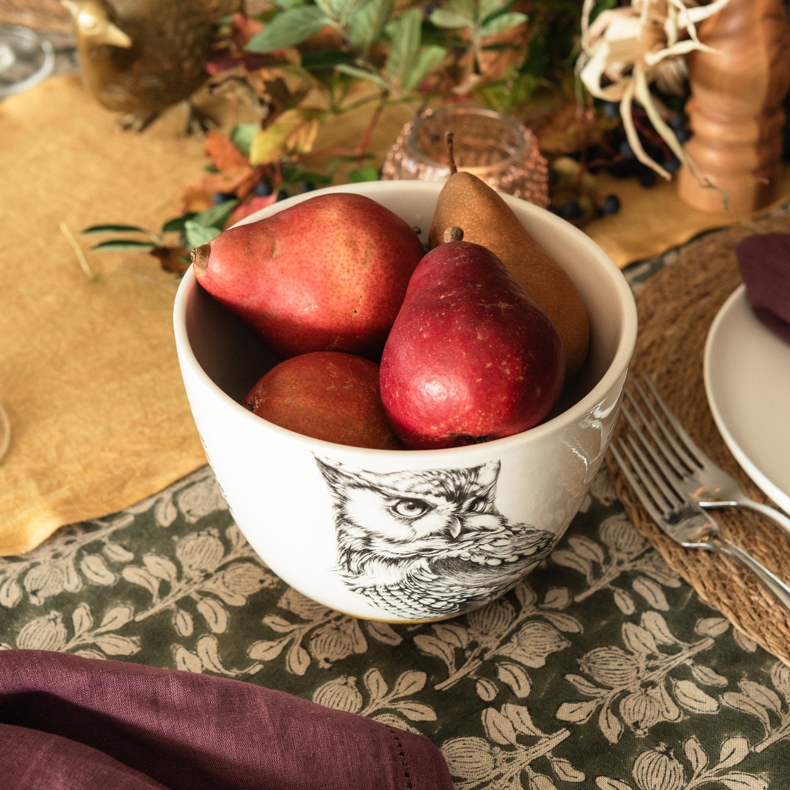 Laura Zindel Medium Screech Owl Bowl on a festive fall table