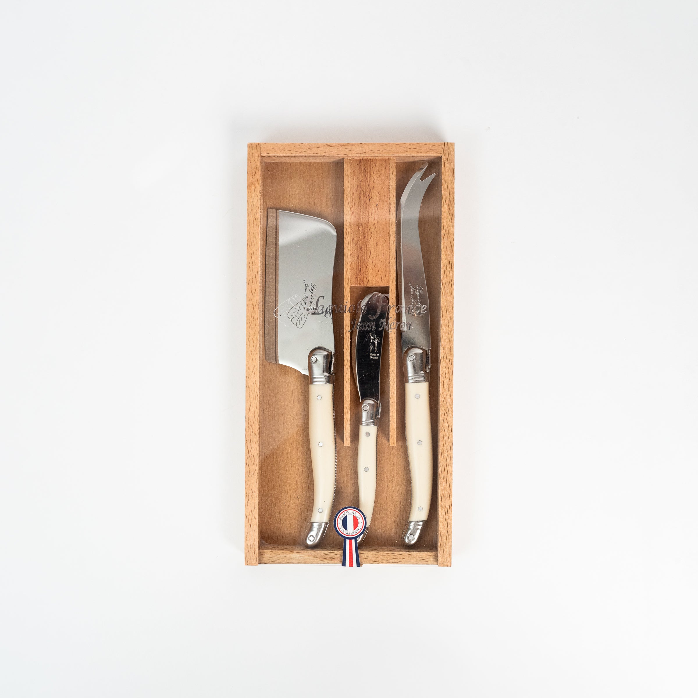 Laguiole Platine Cheese Set in Ivory on a white background