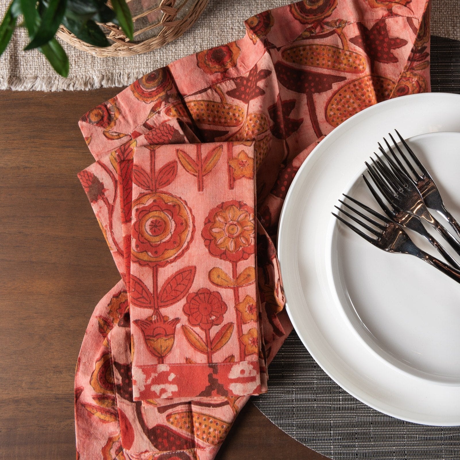 Vermont Handmade Napkins in Pantone on a dining table with plates and foliage