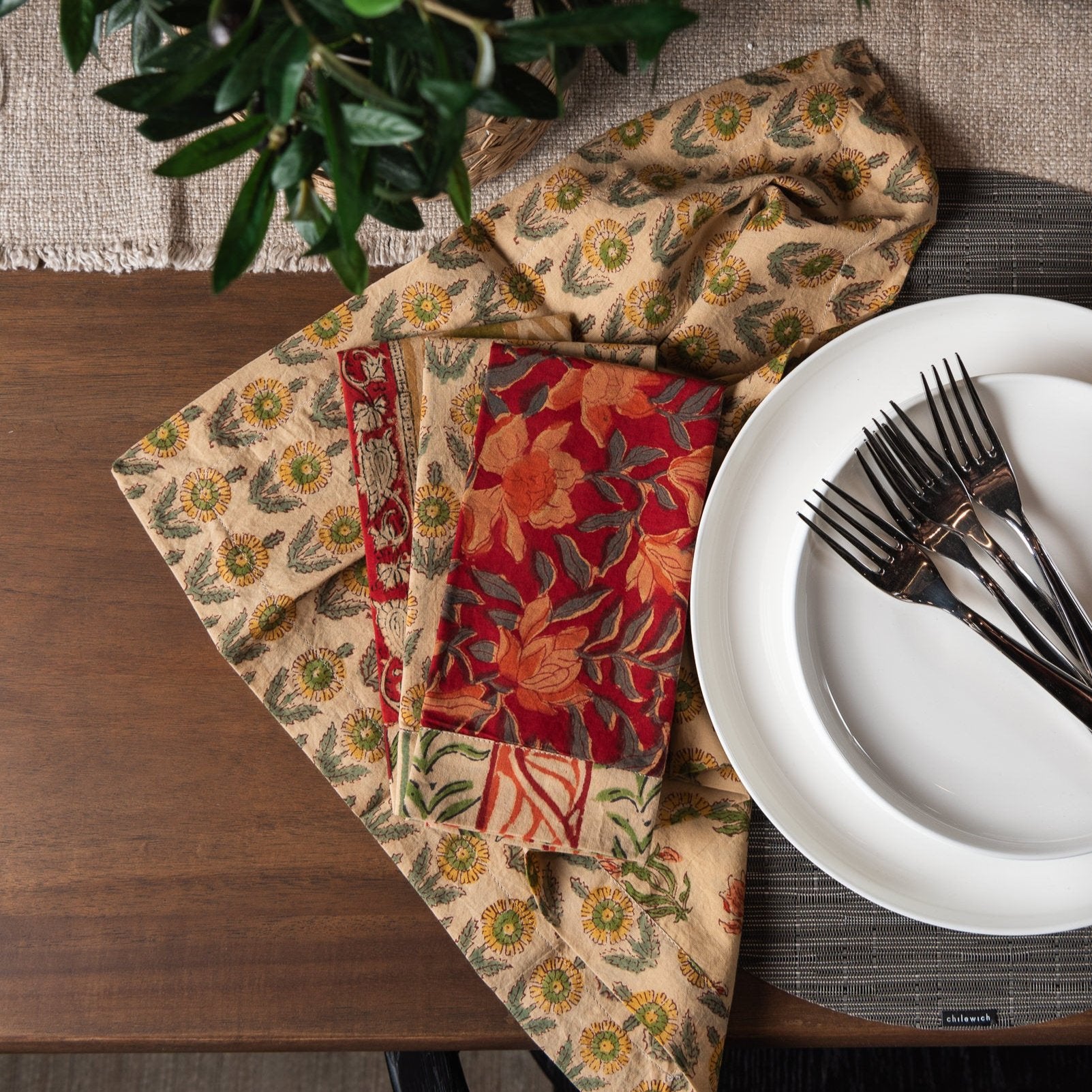 Vermont Handmade Napkins in Autumn on a dining table at Addison West