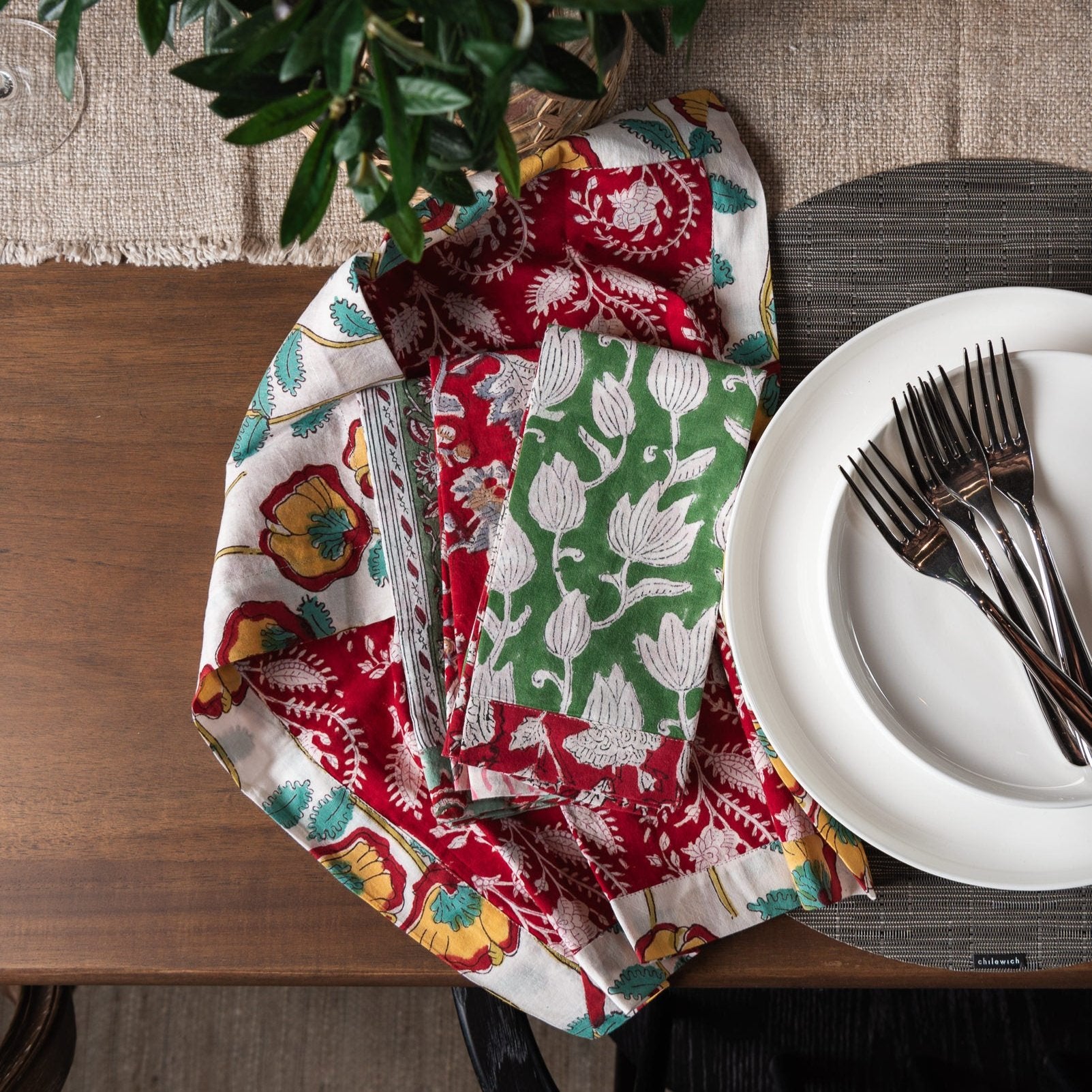 Vermont Handmade Napkins in Holiday on a dining table at Addison West