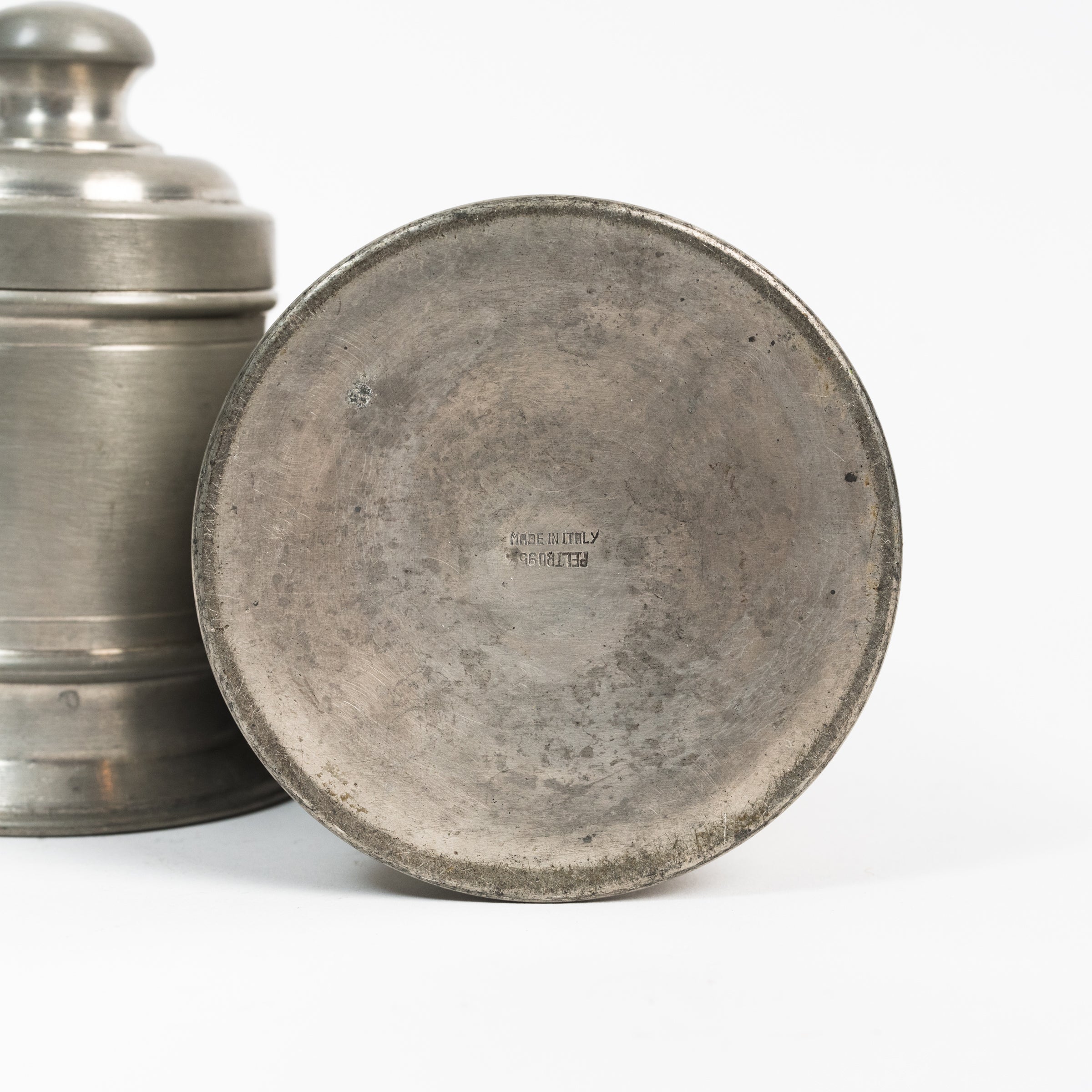 Set of Vintage Pewter Apothecary Jars on a white background at Addison West