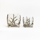 Antiqued Silver Antler Hurricane in small and large on a white background at Addison West