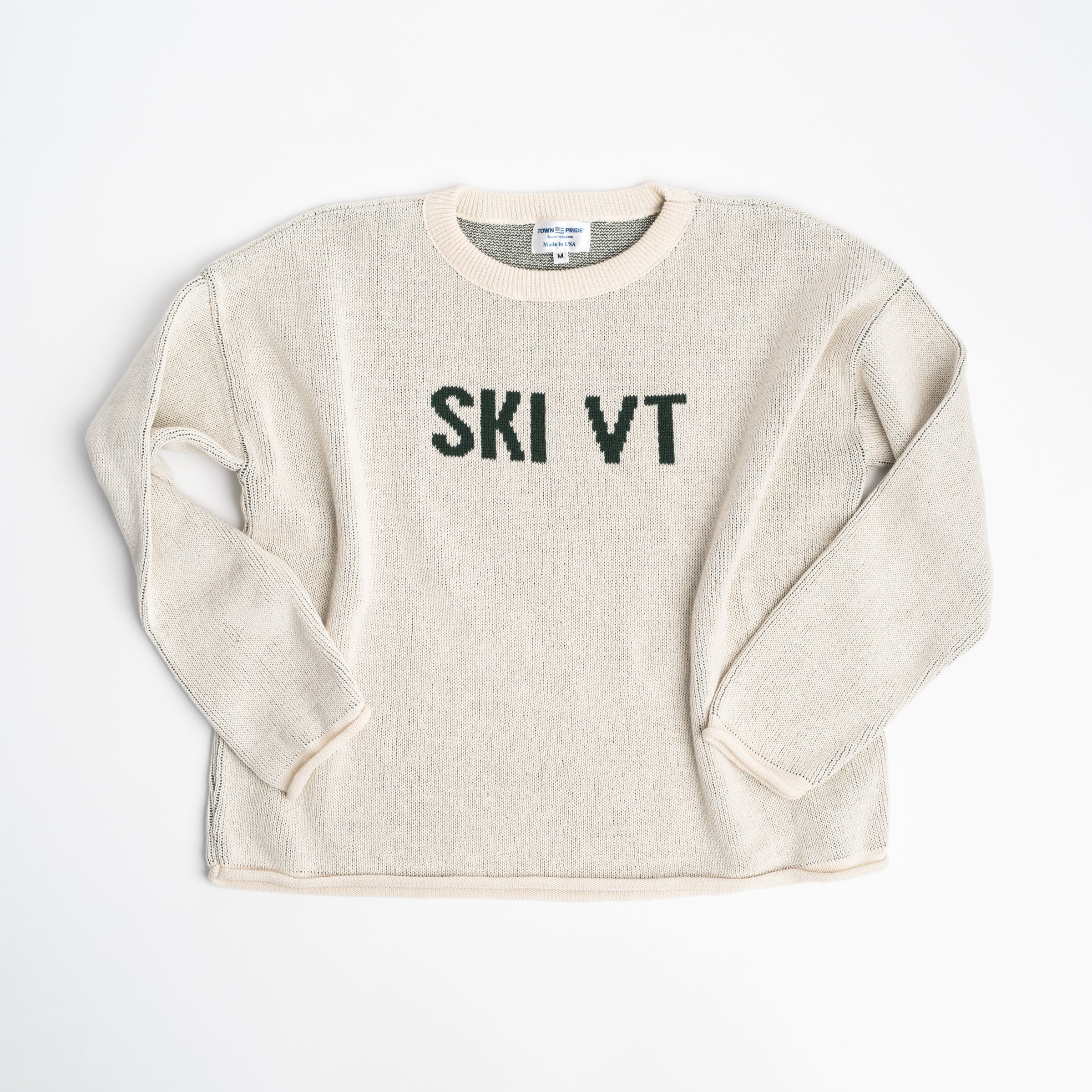 Town Pride Ski VT Sweater in Green on a white background at Addison West