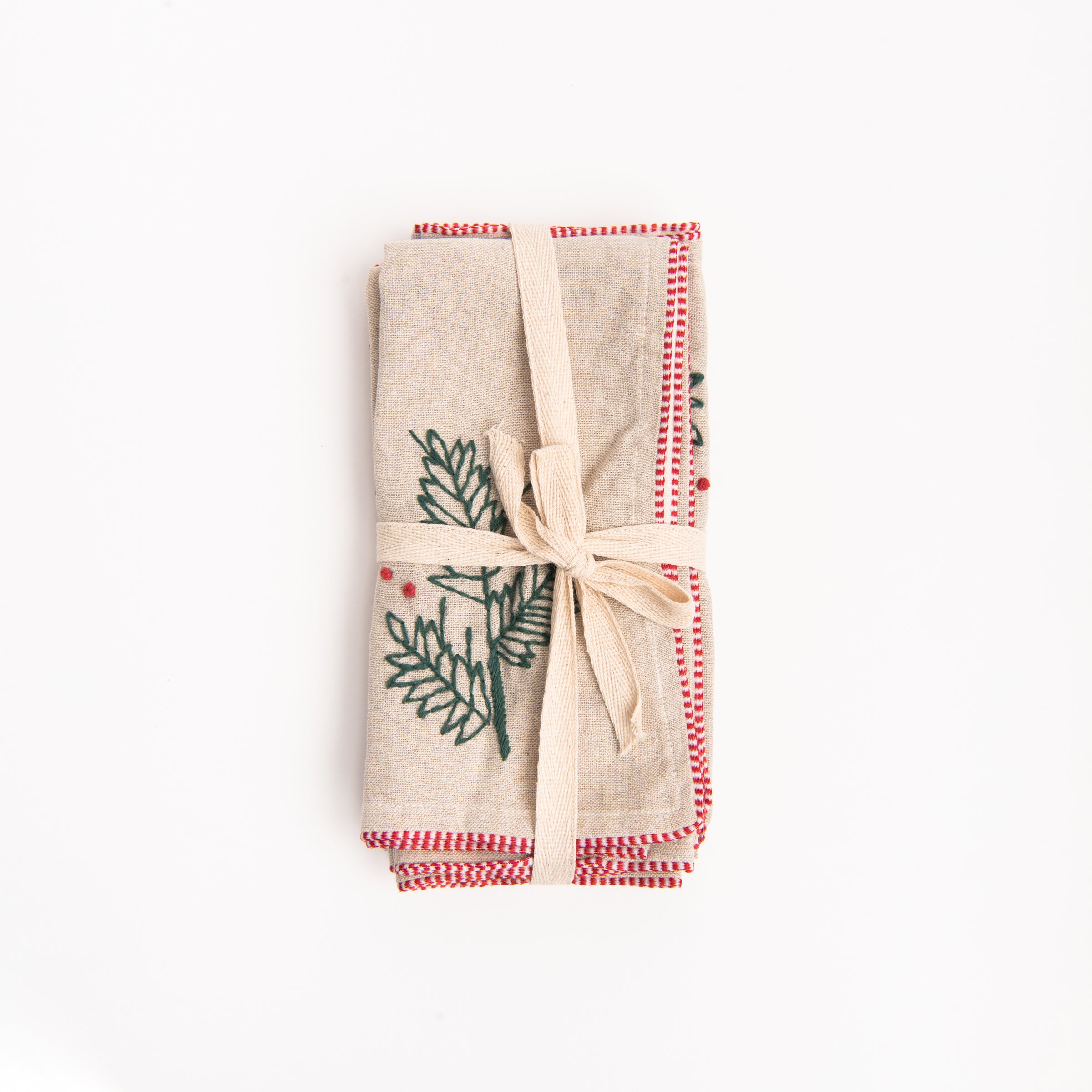 Holly & French Knot Linen Napkins - Set of 4 on a white background at Addison West