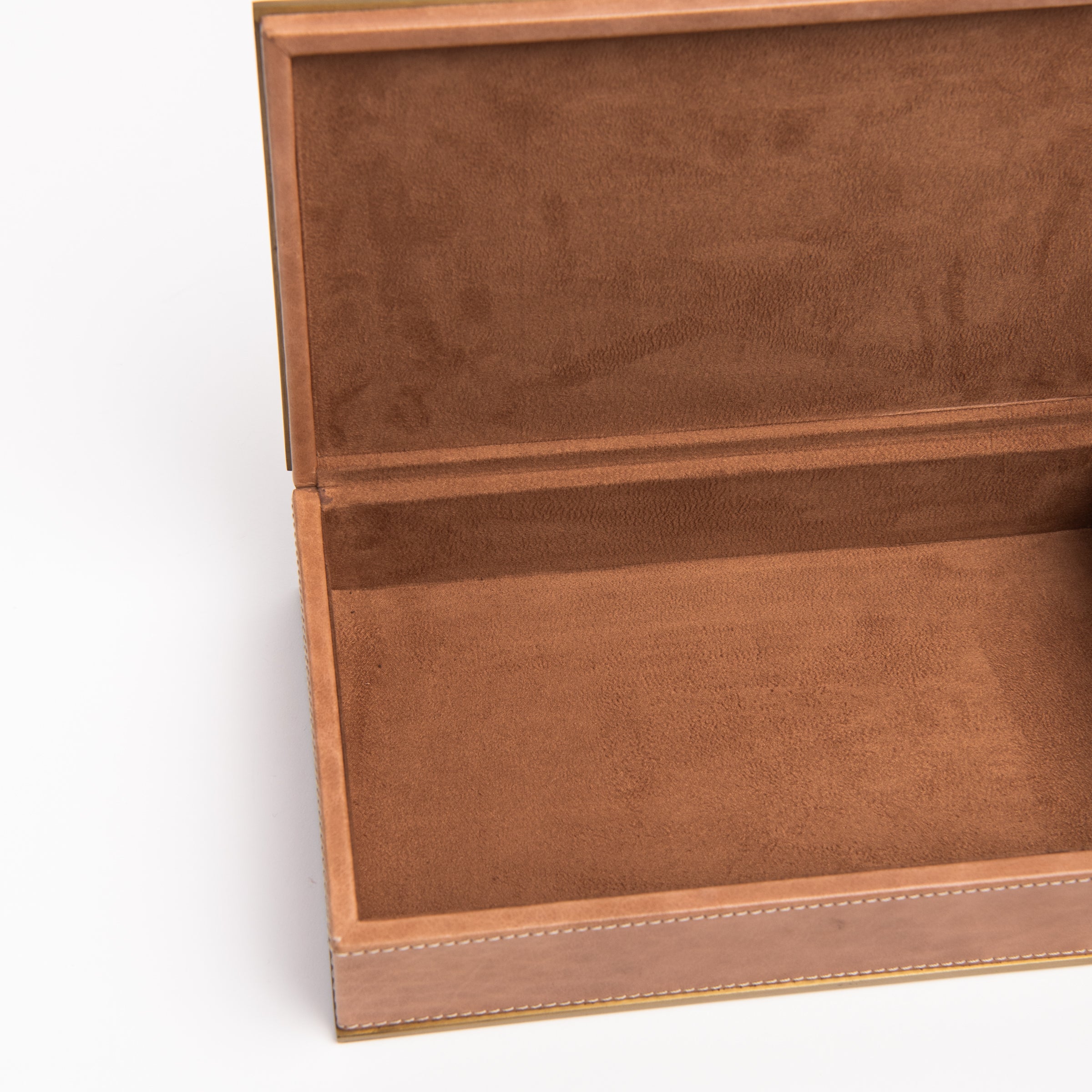 Close up of Allerona Leather Box with Brass Trim - Large on a white background at Addison West