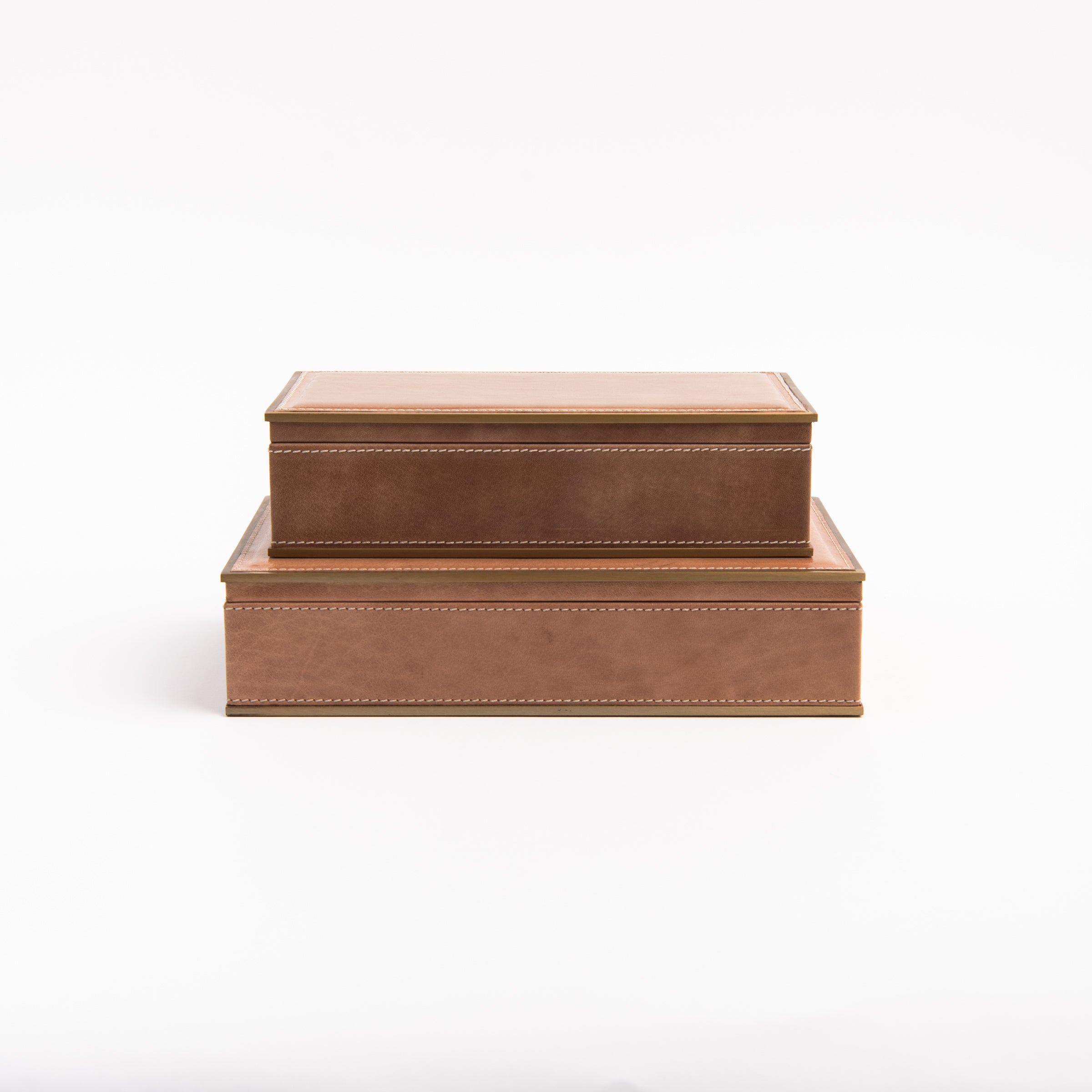 Allerona Leather Box with Brass Trim - Small and Medium stacked on a white background at Addison West