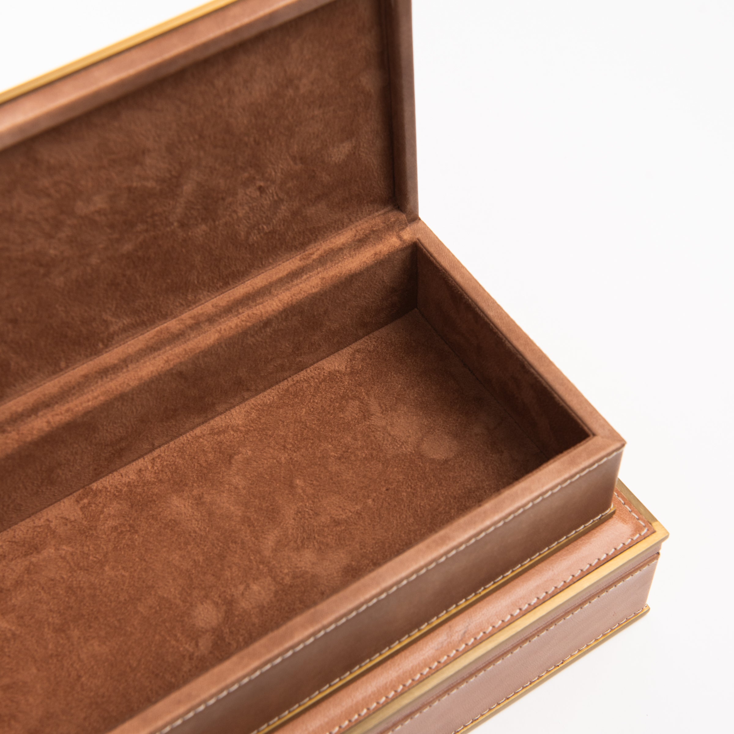 Close up of Allerona Leather Box with Brass Trim - Small on a white background at Addison West