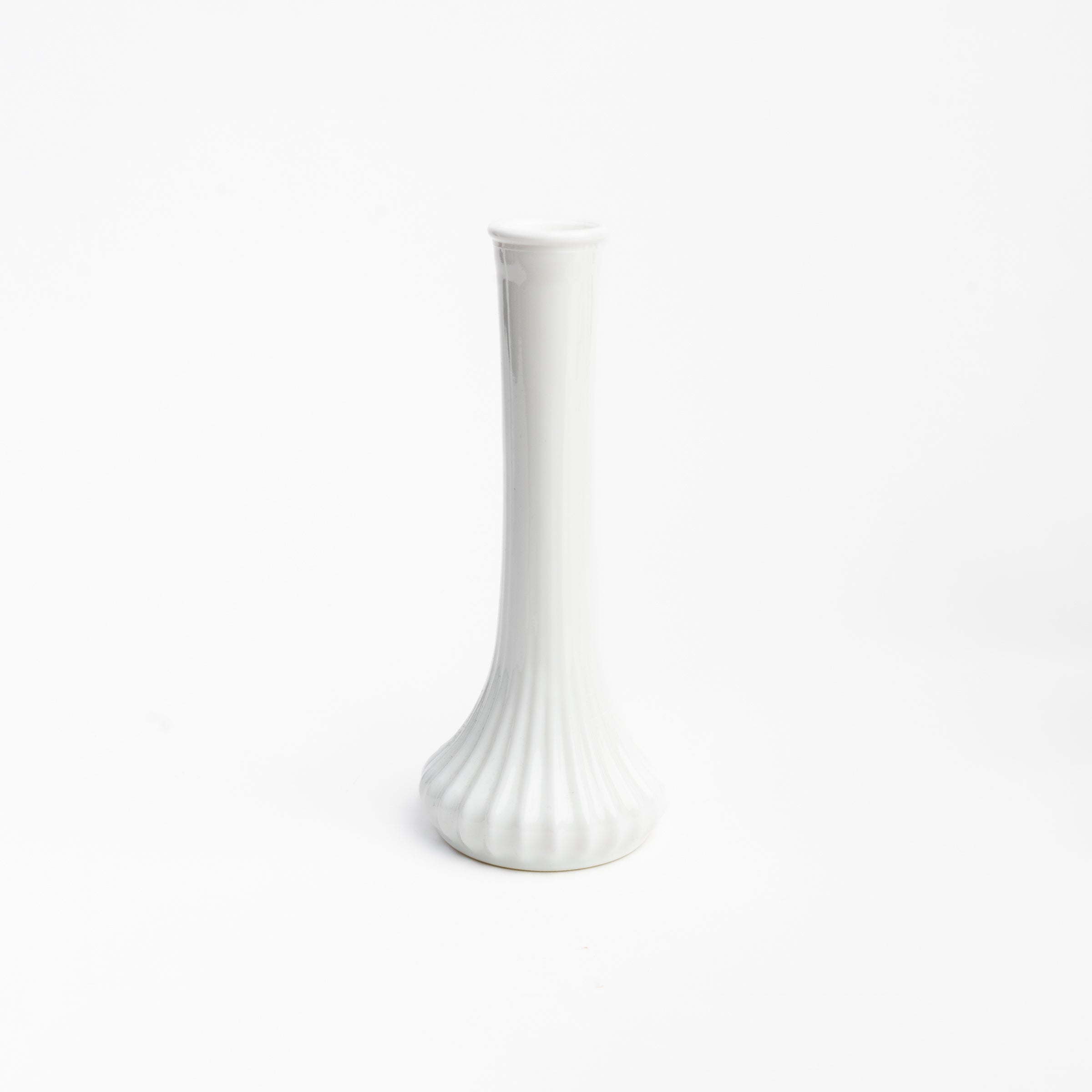 Vintage Fluted Milk Glass Bud Vase on a white background at Addison West