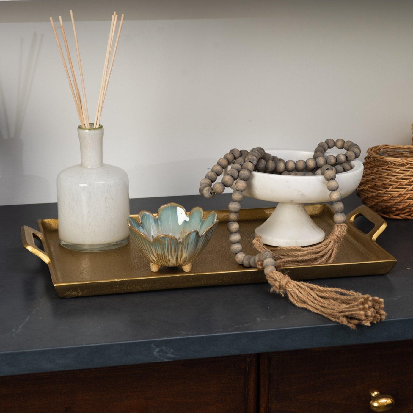 Porcelain Flower Bowl on a gold tray at Addison West