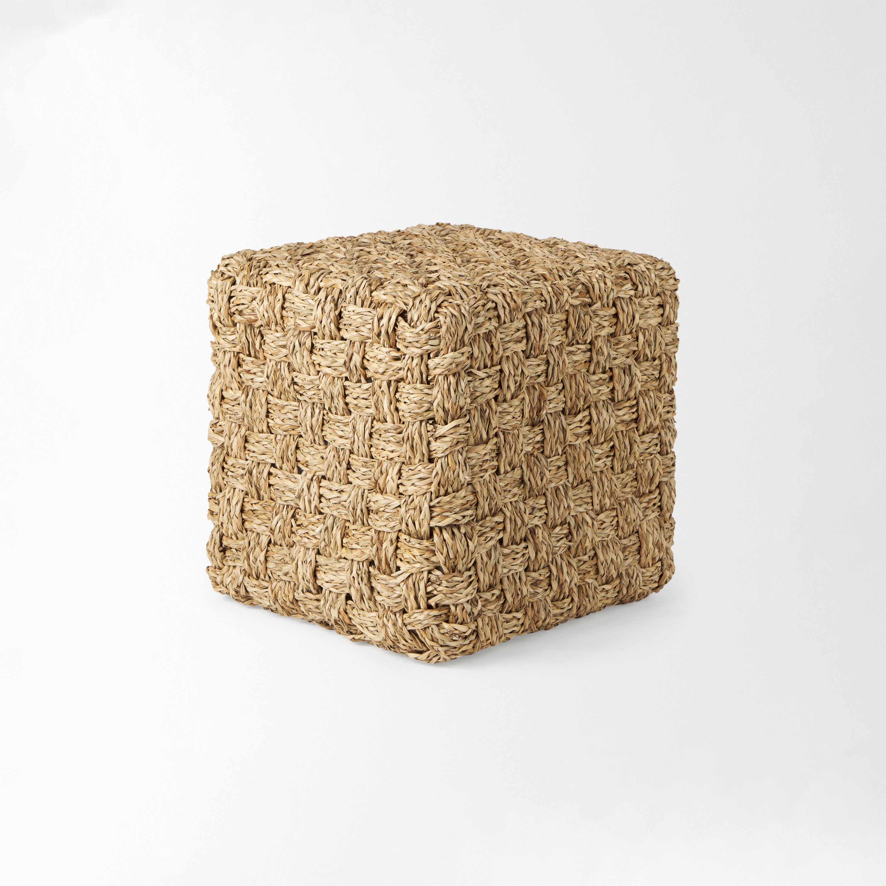 17.7" Square Light Brown Seagrass Woven Square Pouf on a white background