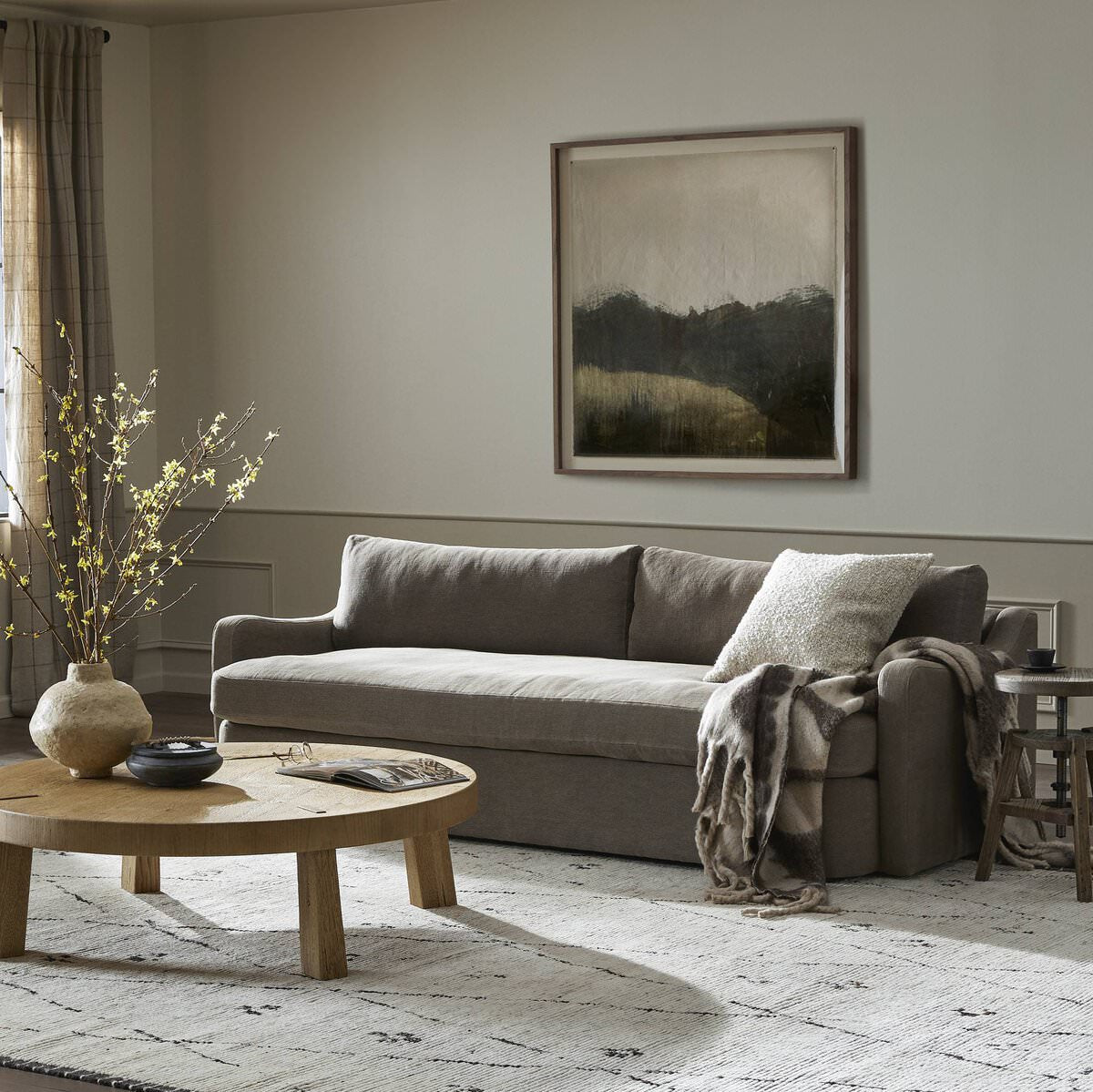 Amber Lewis x Four Hands Aurelia Sofa in Broadway Coffee in a neutral living room at Addison West