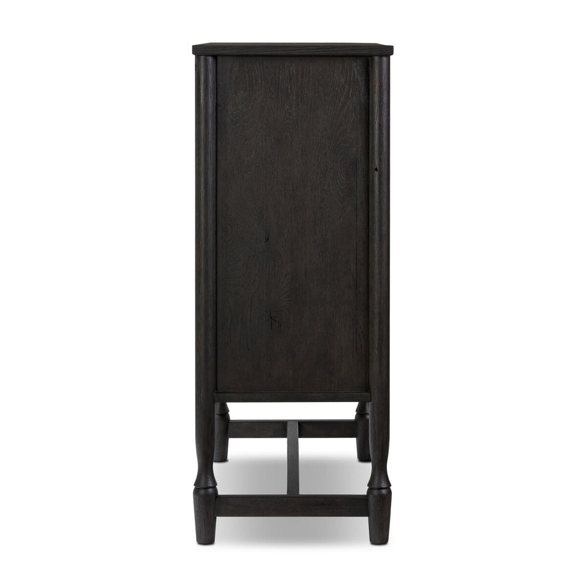 Amber Lewis x Four Hands Bari Bar Cabinet in Cracked Smoked Black Veneer on a white background at Addison West