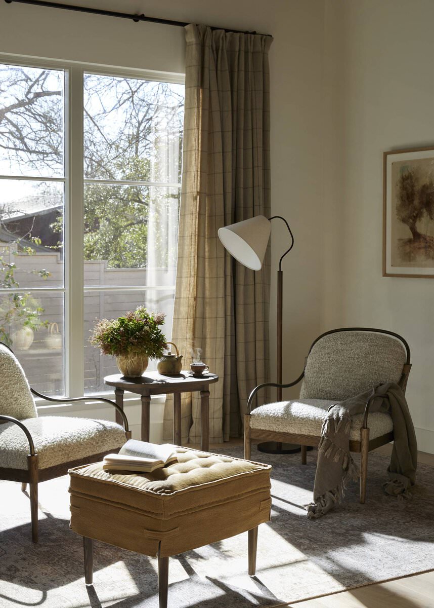 Amber Lewis x Four Hands Charnes End Table in Aged Belgium Bleachin a neutral living room at Addison West