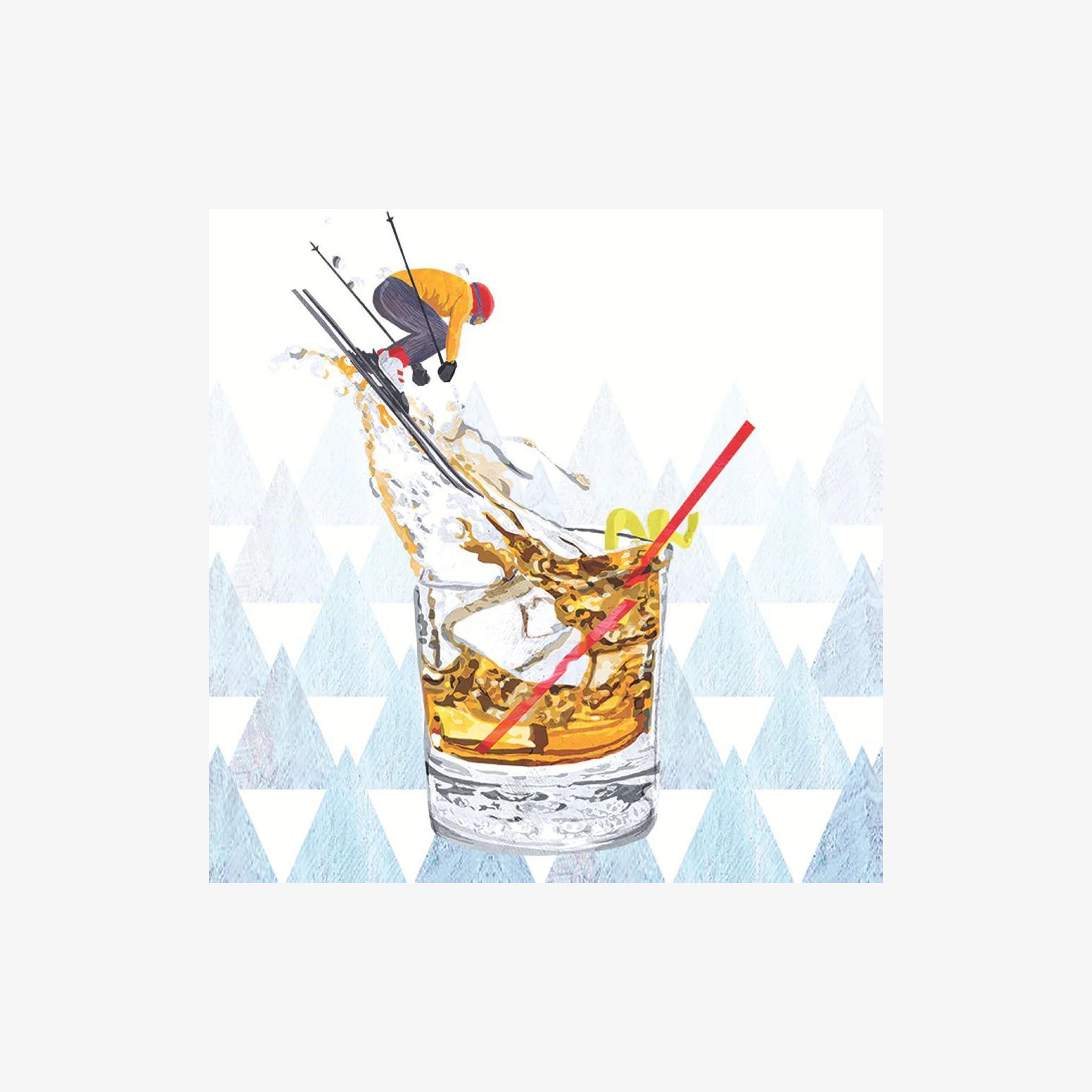 Après Ski Bourbon Napkins with skiing going into glass of bourbon on a white background