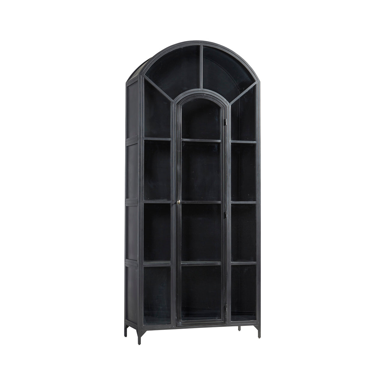 Black arched cabinet with glass front on a white background