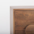 Close up of Astrid 36L x 17W x 30.3H Medium Brown Solid Wood 3 Drawer Cabinet on a white background