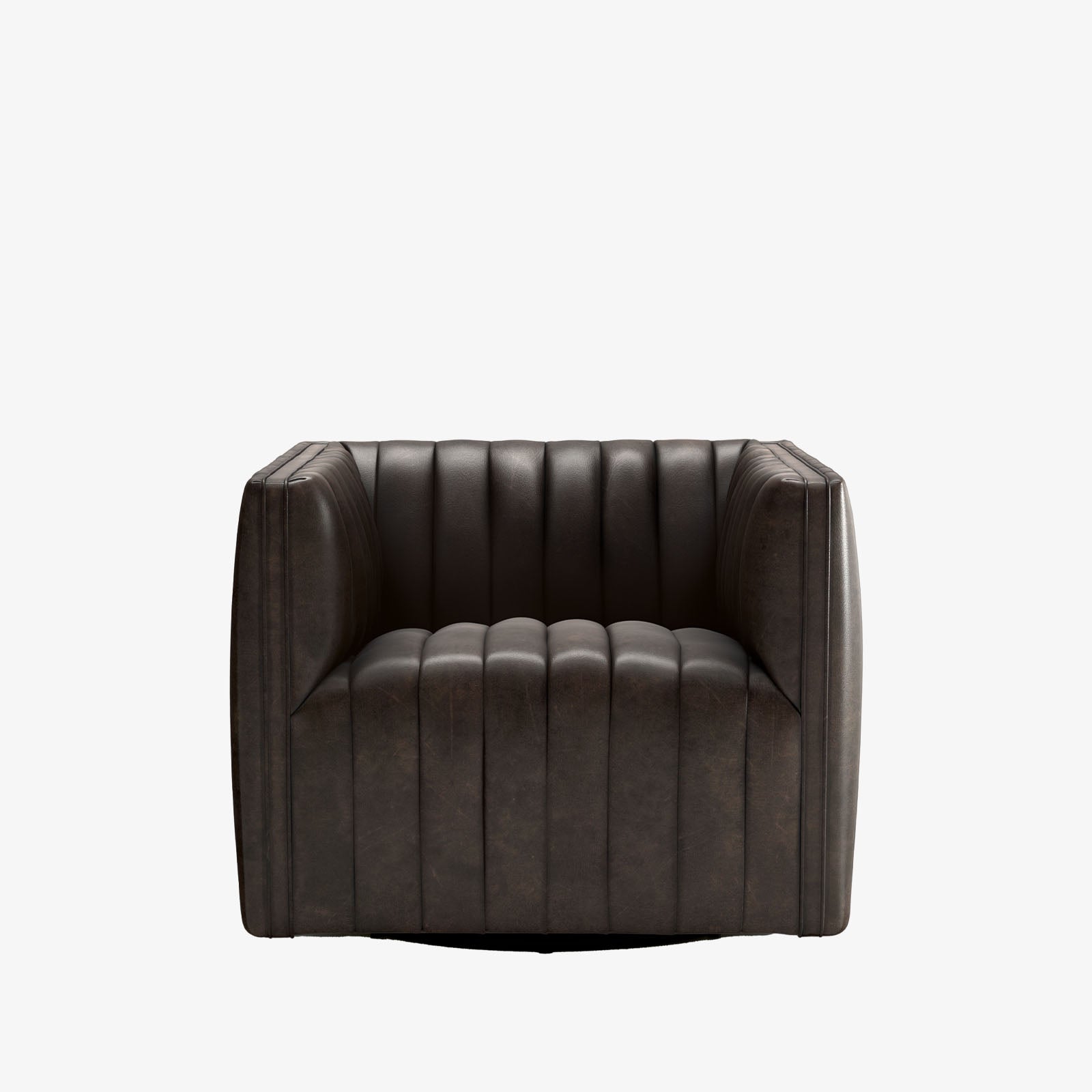 Four Hands Augustine Swivel Chair in Deacon Wolf black leather on a white background