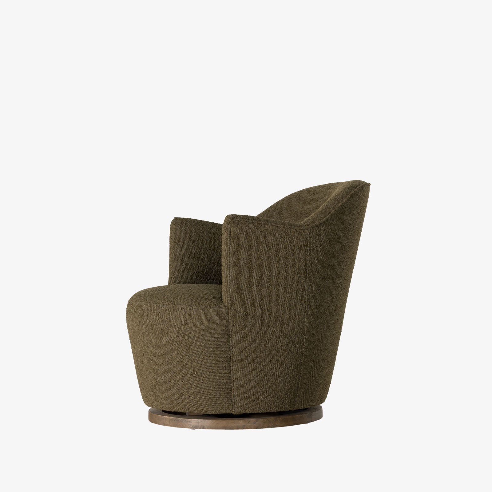 Four Hands brand Aurora swivel chair in olive boucle on a white background