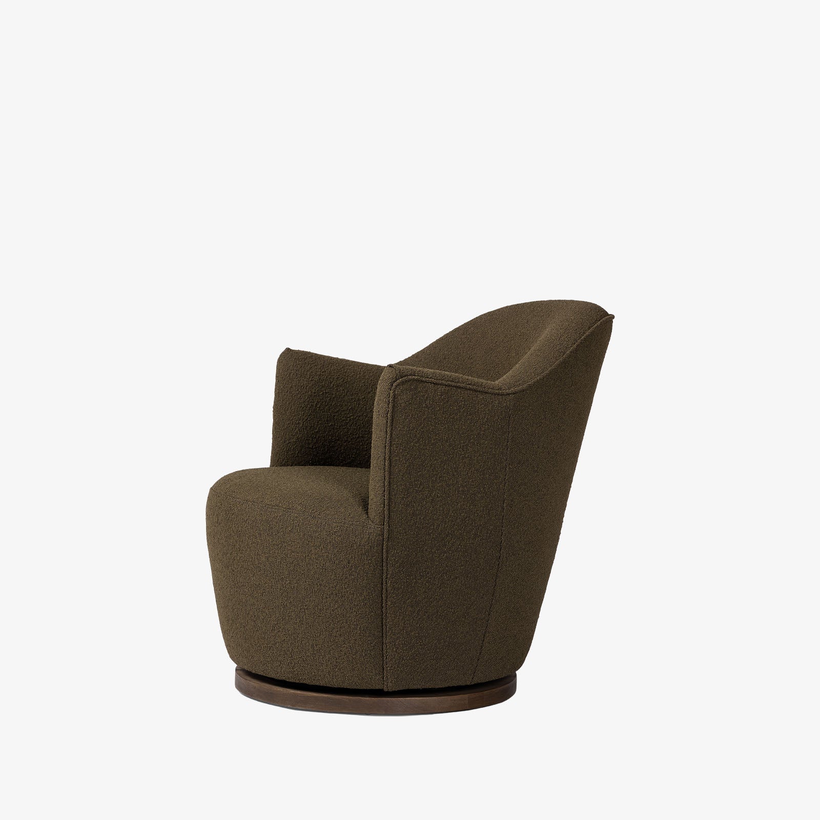 Four Hands brand Aurora swivel chair in olive boucle on a white background