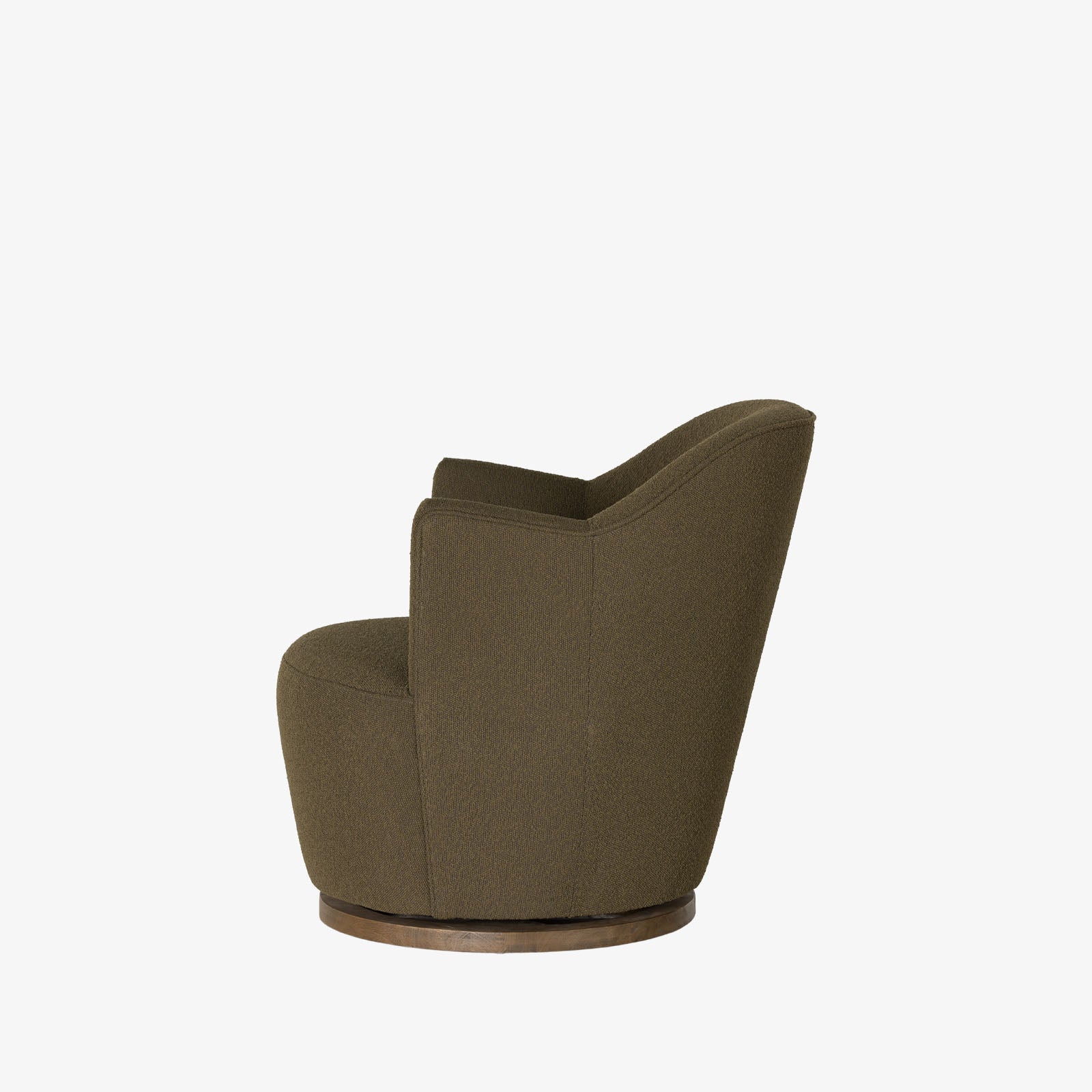 Four Hands brand Aurora swivel chair in olive boucle on a white background