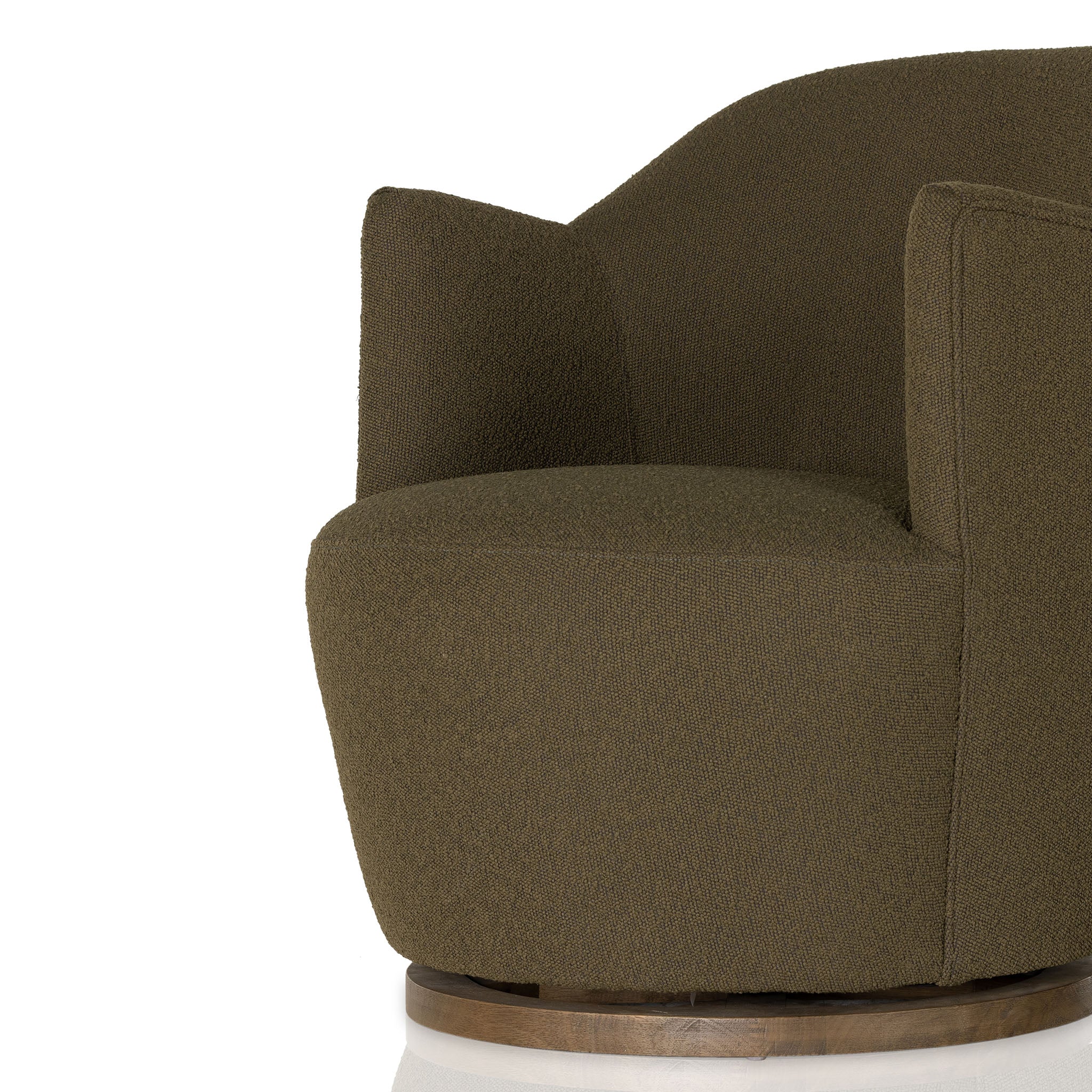 Four Hands brand Aurora swivel chair in olive boucle on a white background