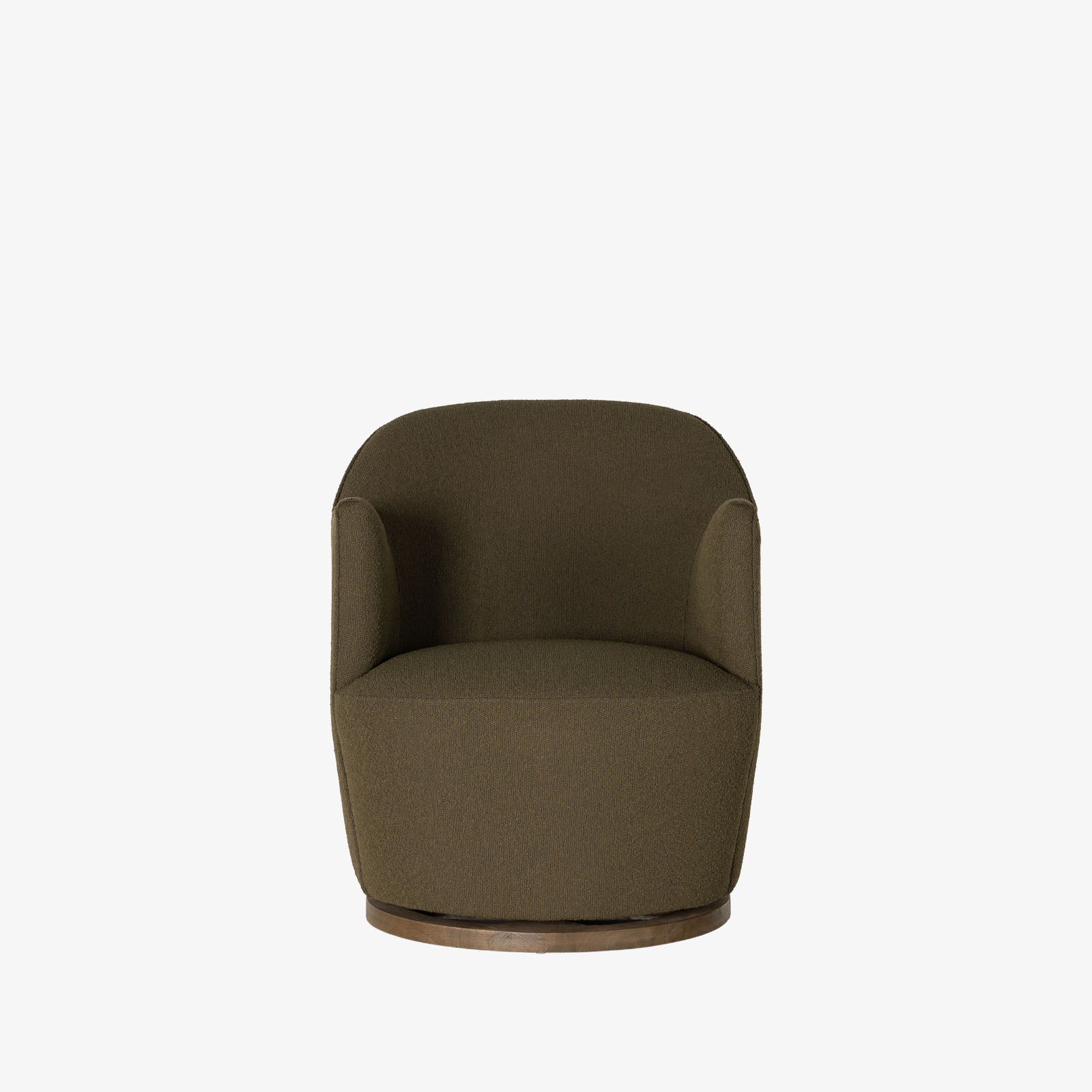 Four Hands brand Aurora swivel chair in olive boucle on a white background