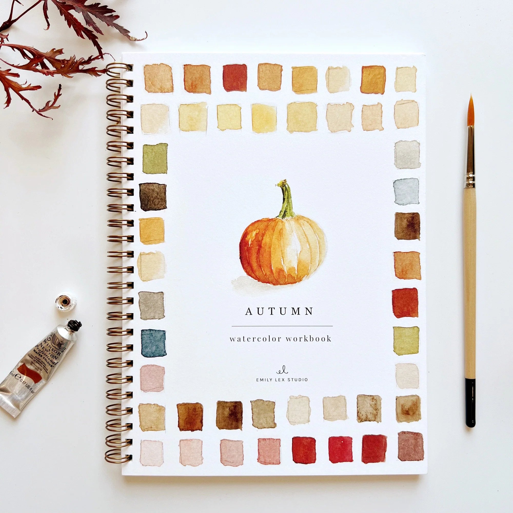 Emily Lex Autumn Watercolor Workbook on a white surface with paint and water color brush