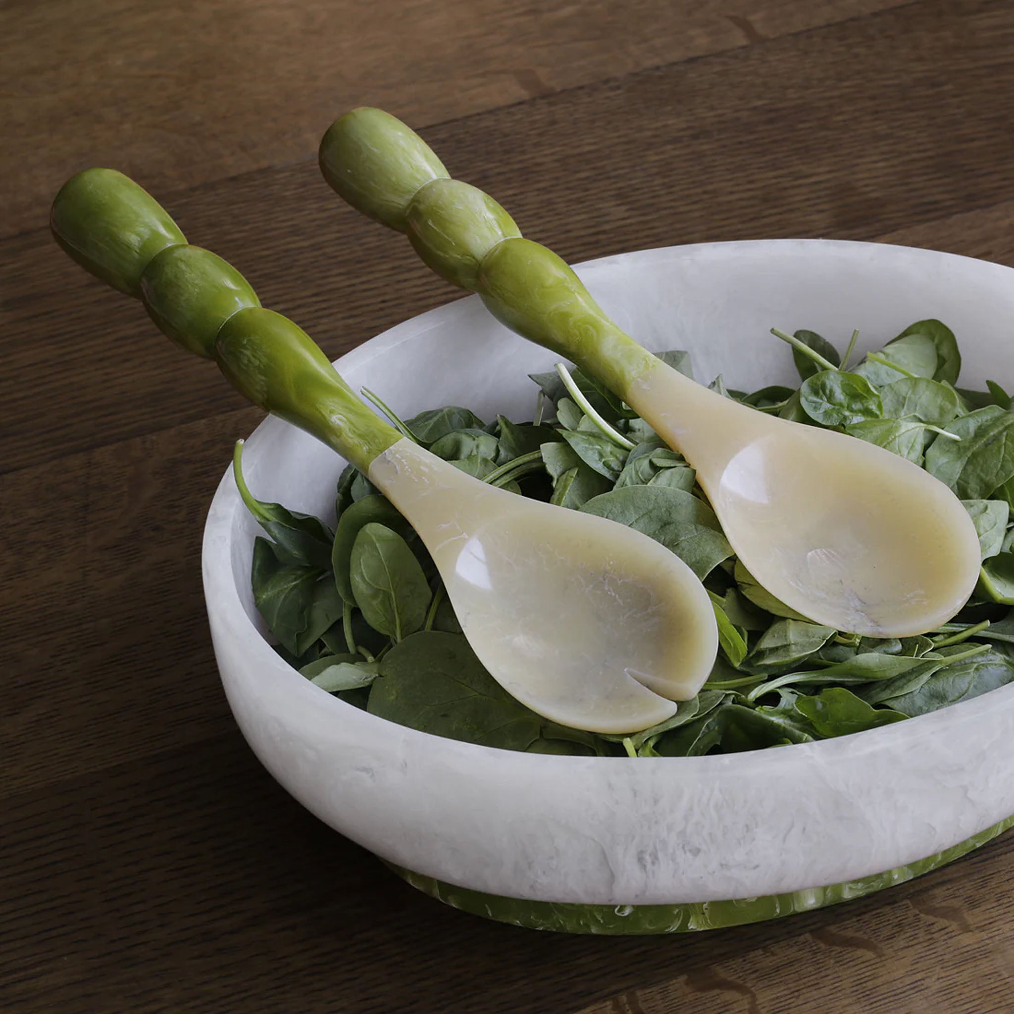 Beatriz Ball RESIN Rio Bubble Salad Servers in Green in a bowl at Addison West