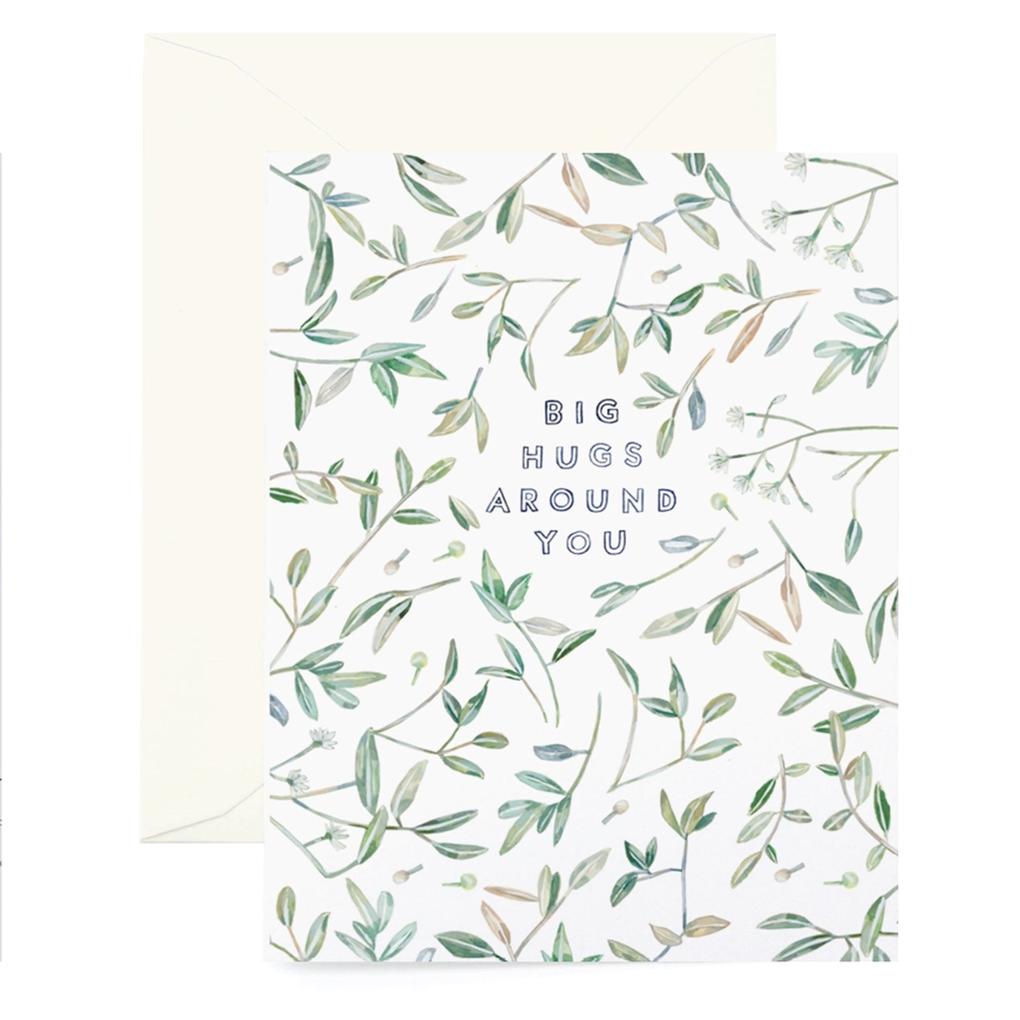 Greeting card with leaves and words: Big Hugs Around You on a white background