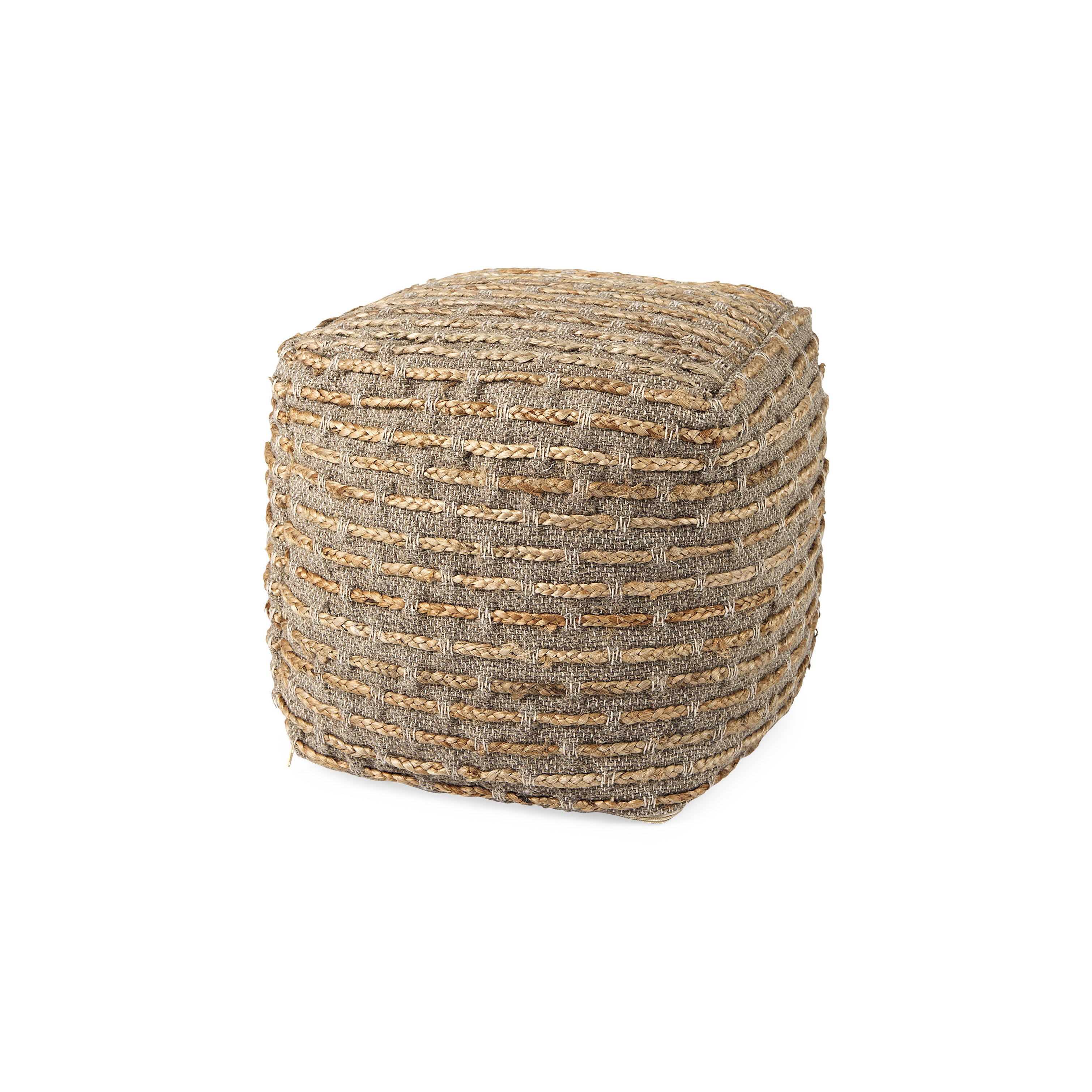 Binita 16 inch square Gray Brown Hemp Wool and Cotton Pouf on a white background