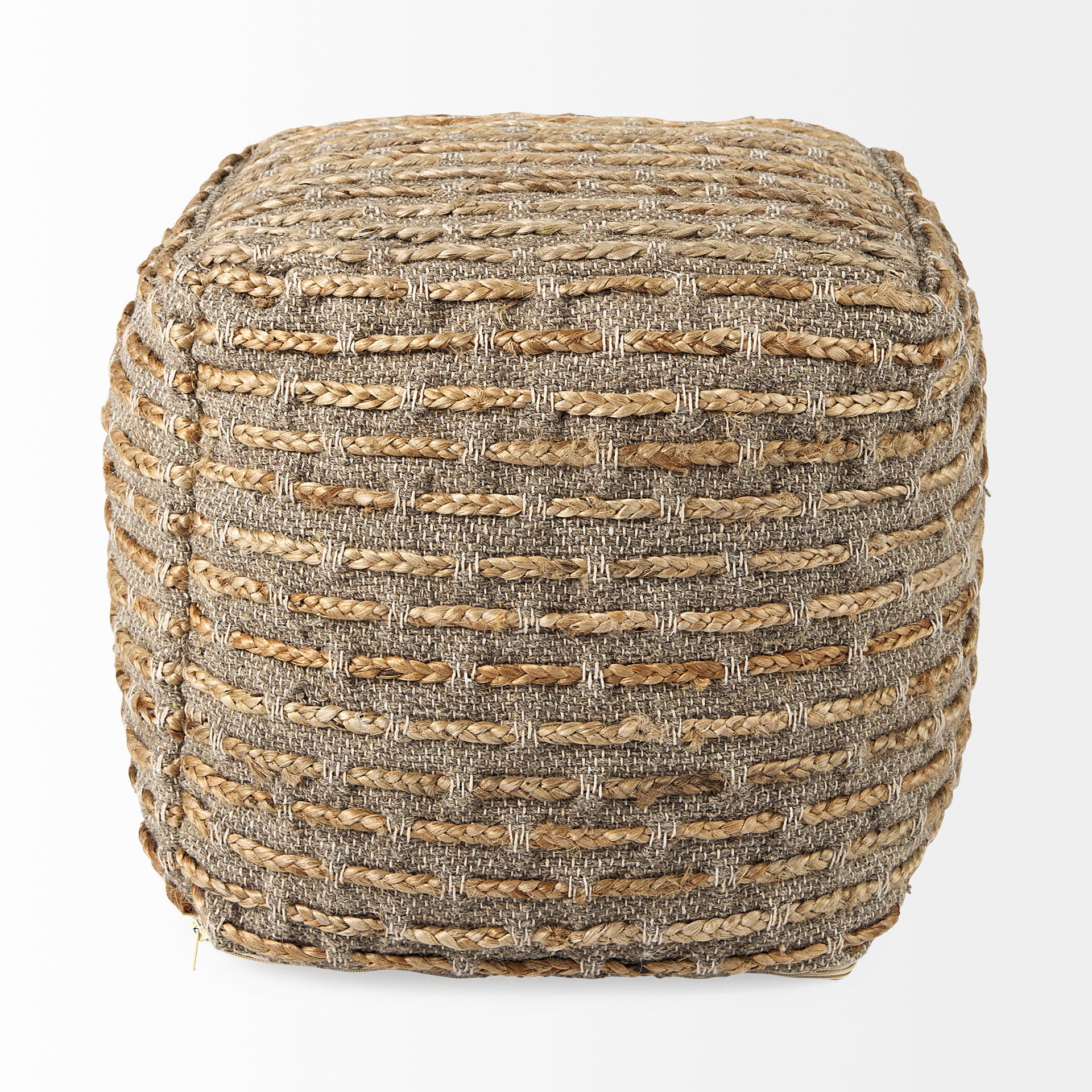 Binita 16 inch square Gray Brown Hemp Wool and Cotton Pouf on a white background