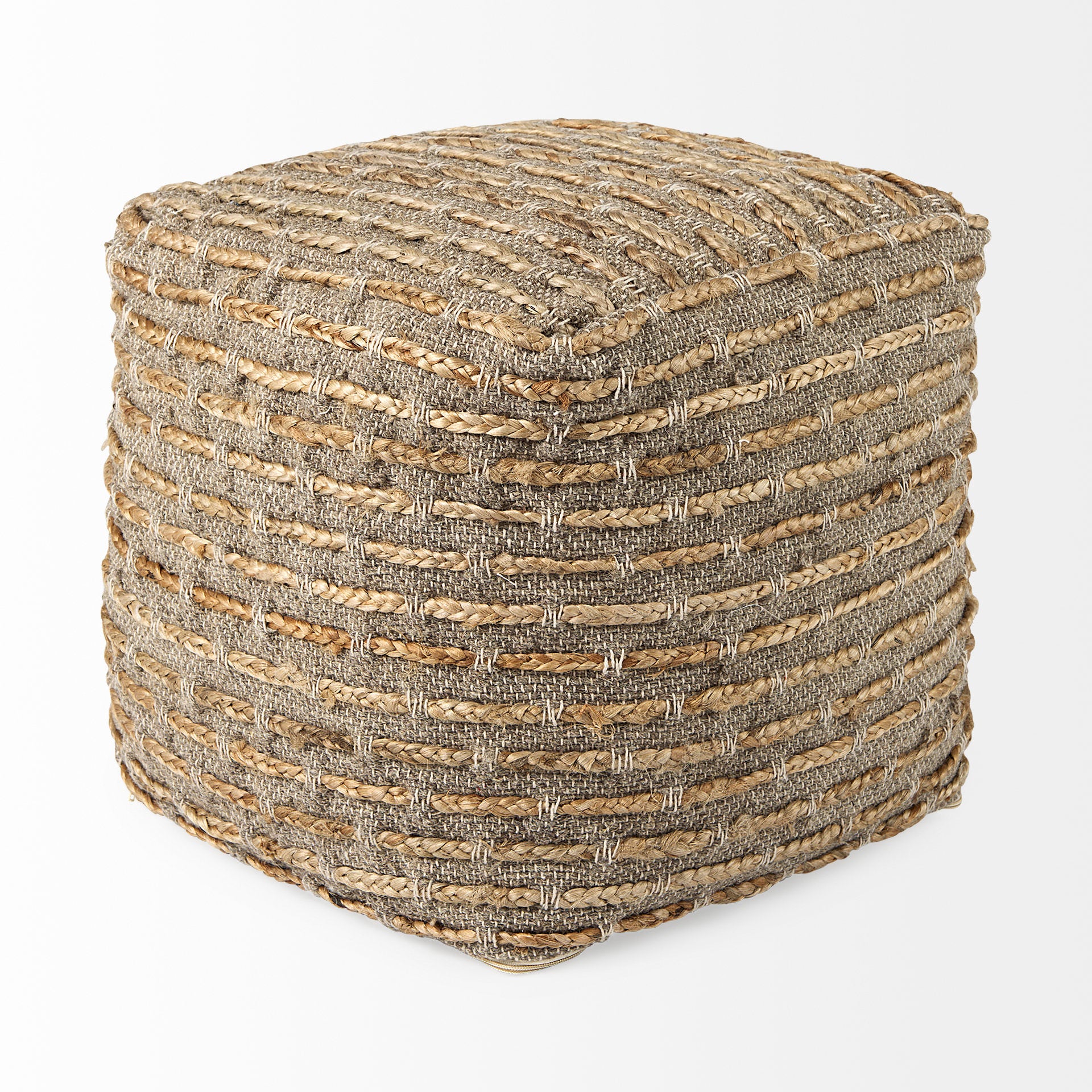 Binita 16 inch square Gray Brown Hemp Wool and Cotton Pouf on a white background