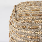 Close up of Binita 16 inch square Gray Brown Hemp Wool and Cotton Pouf on a white background