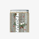 'Birch + Birds Matches' square match box with birch trees and two birds on a pine branch on a white background