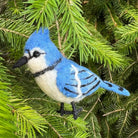 Blue Jay Felt Ornament anging on a christmas tree